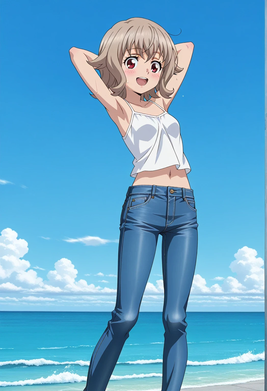 score_9, score_8_up, score_7_up, source_anime, highres, hi res, ((best quality, top quality, perfect quality, Highest Quality, amazing quality)), {{masterpiece}}, {{an extremely delicate and beautiful}}, 2d, intricate details, official style, anime, 8k, anime style, official_anime, official art, digital painting, cell shading, soft shading, high resolution, soothing tones, Subdued Color, Soft cinematic light, adobe lightroom, photolab, HDR, intricately and hyper-detailed, ((high quality animation)), 1 girl, Alone, solo, ((ocean)), tsunami, on the water, day, sunny, outdoors, sky, windy, Atra mixta, Gundam Iron Blooded Orphans, short hair, brown hair, red eyes, anime screencap, small breasts, white camisole top, crop top, white crop top, best quality, hyper-detailed jeans, ((blue jeans:1.9)), (dark blue jeans:0.6), full medium body, medium shot, Open mouth, smiling, happy face, blush, sweat, standing, ((arms behind head:6.0)), ((perfect arm line:2.5)), bowlegged, jumping pose, action, looking at viewer, spread legs, Bend knees slightly, straight-on front view
