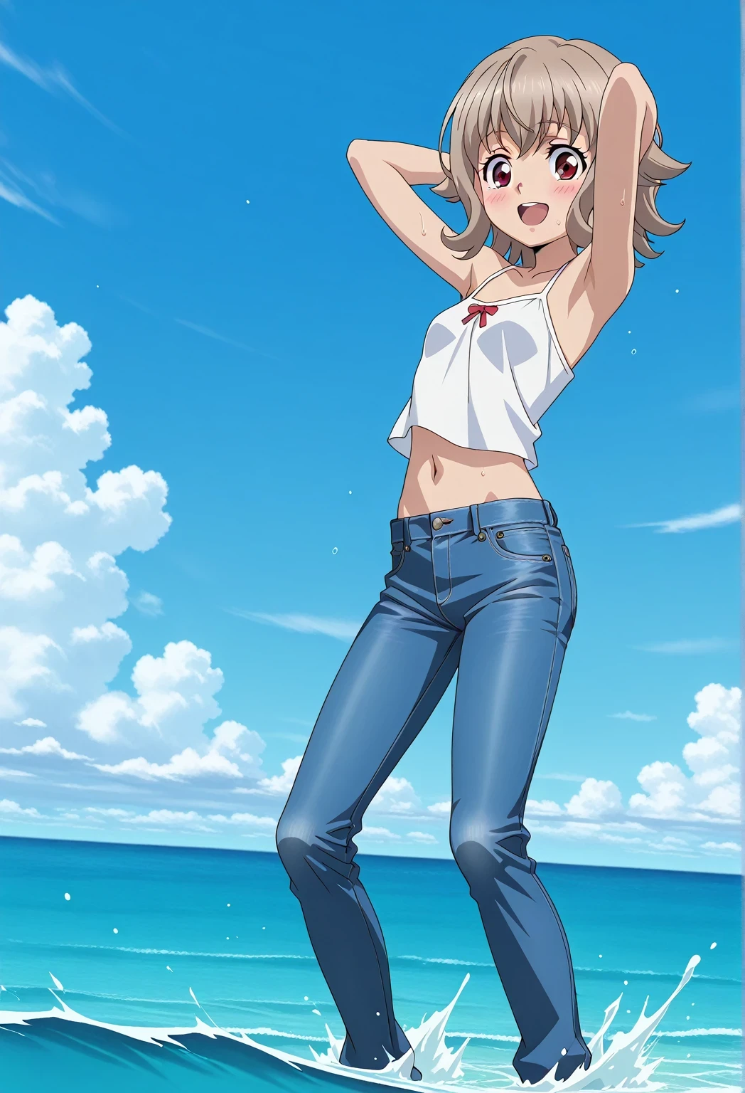 score_9, score_8_up, score_7_up, source_anime, highres, hi res, ((best quality, top quality, perfect quality, Highest Quality, amazing quality)), {{masterpiece}}, {{an extremely delicate and beautiful}}, 2d, intricate details, official style, anime, 8k, anime style, official_anime, official art, digital painting, cell shading, soft shading, high resolution, soothing tones, Subdued Color, Soft cinematic light, adobe lightroom, photolab, HDR, intricately and hyper-detailed, ((high quality animation)), 1 girl, Alone, solo, ((ocean)), tsunami, on the water, day, sunny, outdoors, sky, windy, Atra mixta, Gundam Iron Blooded Orphans, short hair, brown hair, red eyes, anime screencap, small breasts, white camisole top, crop top, white crop top, best quality, hyper-detailed jeans, ((blue jeans:1.9)), (dark blue jeans:0.6), full medium body, medium shot, Open mouth, smiling, happy face, blush, sweat, standing, ((arms behind head:6.0)), ((perfect arm line:2.5)), bowlegged, jumping pose, action, looking at viewer, spread legs, Bend knees slightly, straight-on front view