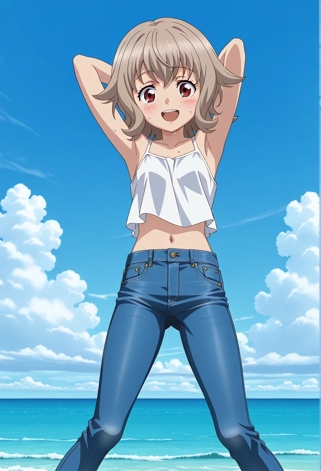 score_9, score_8_up, score_7_up, source_anime, highres, hi res, ((best quality, top quality, perfect quality, Highest Quality, amazing quality)), {{masterpiece}}, {{an extremely delicate and beautiful}}, 2d, intricate details, official style, anime, 8k, anime style, official_anime, official art, digital painting, cell shading, soft shading, high resolution, soothing tones, Subdued Color, Soft cinematic light, adobe lightroom, photolab, HDR, intricately and hyper-detailed, ((high quality animation)), 1 girl, Alone, solo, ((ocean)), tsunami, on the water, day, sunny, outdoors, sky, windy, Atra mixta, Gundam Iron Blooded Orphans, short hair, brown hair, red eyes, anime screencap, small breasts, white camisole top, crop top, white crop top, best quality, hyper-detailed jeans, ((blue jeans:1.9)), (dark blue jeans:0.6), full medium body, medium shot, Open mouth, smiling, happy face, blush, sweat, standing, ((arms behind head:6.0)), ((perfect arm line:2.5)), bowlegged, jumping pose, action, looking at viewer, spread legs, Bend knees slightly, straight-on front view
