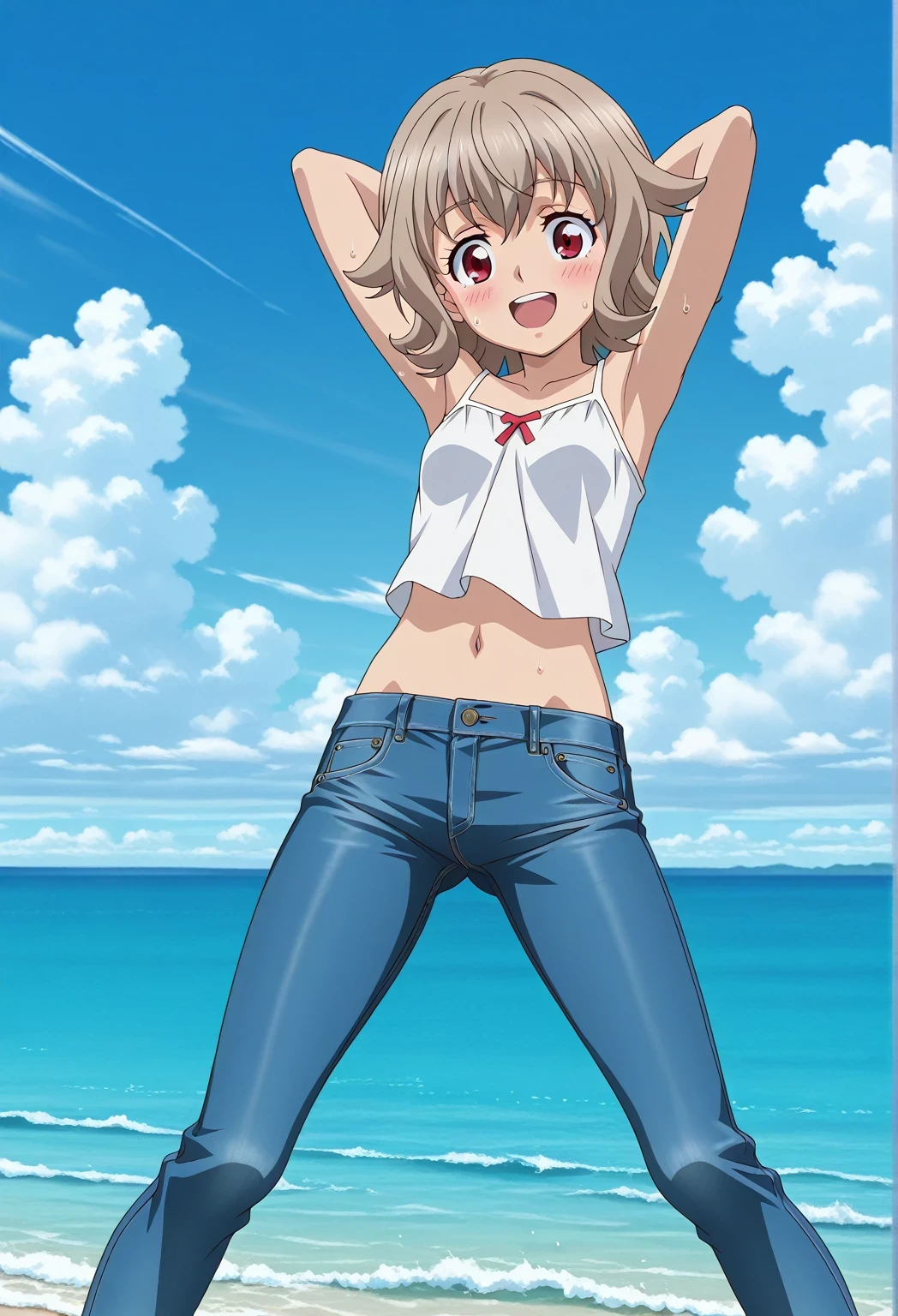 score_9, score_8_up, score_7_up, source_anime, highres, hi res, ((best quality, top quality, perfect quality, Highest Quality, amazing quality)), {{masterpiece}}, {{an extremely delicate and beautiful}}, 2d, intricate details, official style, anime, 8k, anime style, official_anime, official art, digital painting, cell shading, soft shading, high resolution, soothing tones, Subdued Color, Soft cinematic light, adobe lightroom, photolab, HDR, intricately and hyper-detailed, ((high quality animation)), 1 girl, Alone, solo, ((ocean)), tsunami, on the water, day, sunny, outdoors, sky, windy, Atra mixta, Gundam Iron Blooded Orphans, short hair, brown hair, red eyes, anime screencap, small breasts, white camisole top, crop top, white crop top, best quality, hyper-detailed jeans, ((blue jeans:1.9)), (dark blue jeans:0.6), full medium body, medium shot, Open mouth, smiling, happy face, blush, sweat, standing, ((arms behind head:6.0)), ((perfect arm line:2.5)), bowlegged, jumping pose, action, looking at viewer, spread legs, Bend knees slightly, straight-on front view