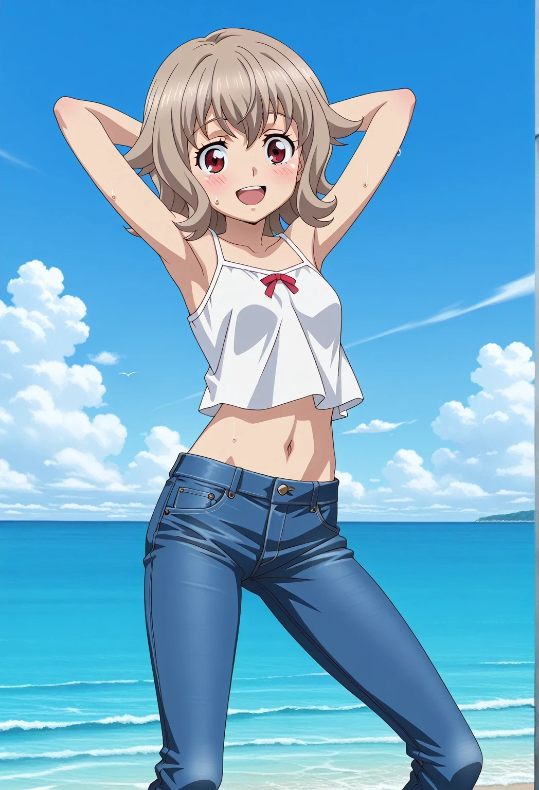 score_9, score_8_up, score_7_up, source_anime, highres, hi res, ((best quality, top quality, perfect quality, Highest Quality, amazing quality)), {{masterpiece}}, {{an extremely delicate and beautiful}}, 2d, intricate details, official style, anime, 8k, anime style, official_anime, official art, digital painting, cell shading, soft shading, high resolution, soothing tones, Subdued Color, Soft cinematic light, adobe lightroom, photolab, HDR, intricately and hyper-detailed, ((high quality animation)), 1 girl, Alone, solo, ((ocean)), tsunami, on the water, day, sunny, outdoors, sky, windy, Atra mixta, Gundam Iron Blooded Orphans, short hair, brown hair, red eyes, anime screencap, small breasts, white camisole top, crop top, white crop top, best quality, hyper-detailed jeans, ((blue jeans:1.9)), (dark blue jeans:0.6), full medium body, medium shot, Open mouth, smiling, happy face, blush, sweat, standing, ((arms behind head:6.0)), ((perfect arm line:2.5)), bowlegged, jumping pose, action, looking at viewer, spread legs, Bend knees slightly, straight-on front view