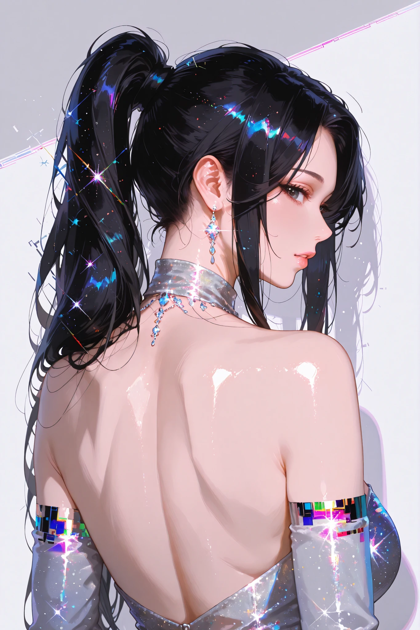 embedding:lazypos, digital painting (artwork), glitch art, artwork, glitter, particle effect, 1girl, black hair, high ponytail, mature female, upper body, , looking at viewer, backless outfit,