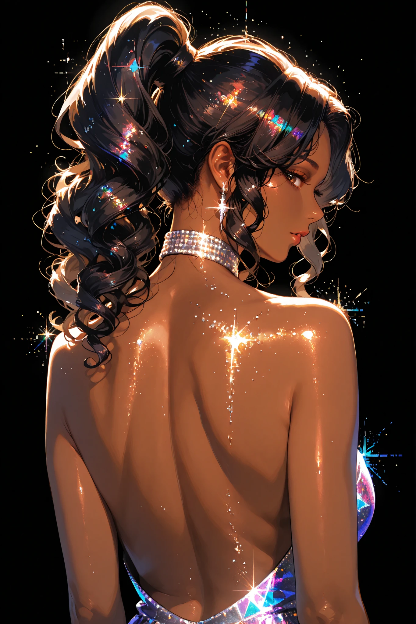 embedding:lazypos, digital painting (artwork), glitch art, artwork, glitter, particle effect, 1girl, black curly hair, high ponytail, brown skin, mature female, upper body, , looking at viewer, backless outfit,
