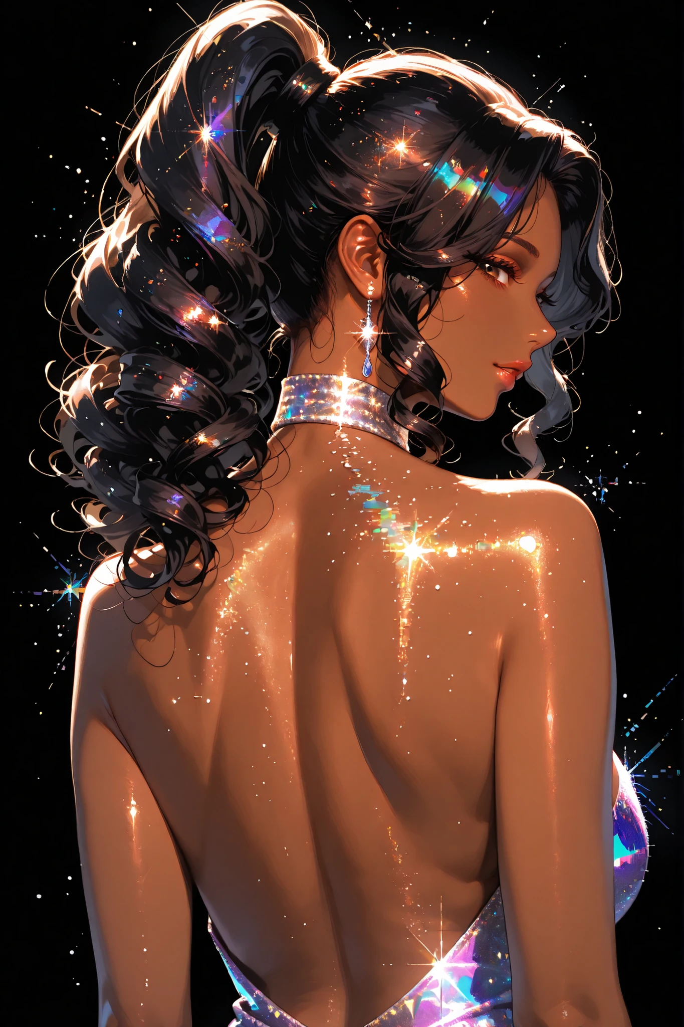 embedding:lazypos, digital painting (artwork), glitch art, artwork, glitter, particle effect, 1girl, black curly hair, high ponytail, brown skin, mature female, upper body, , looking at viewer, backless outfit,