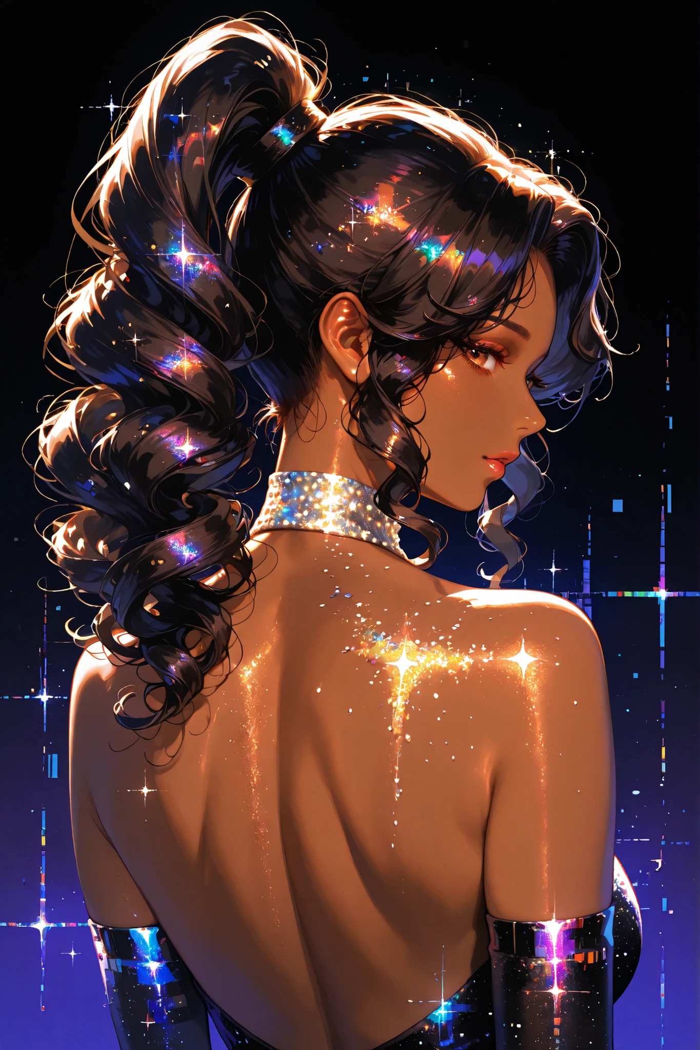 embedding:lazypos, digital painting (artwork), glitch art, artwork, glitter, particle effect, 1girl, black curly hair, high ponytail, brown skin, mature female, upper body, , looking at viewer, backless outfit,