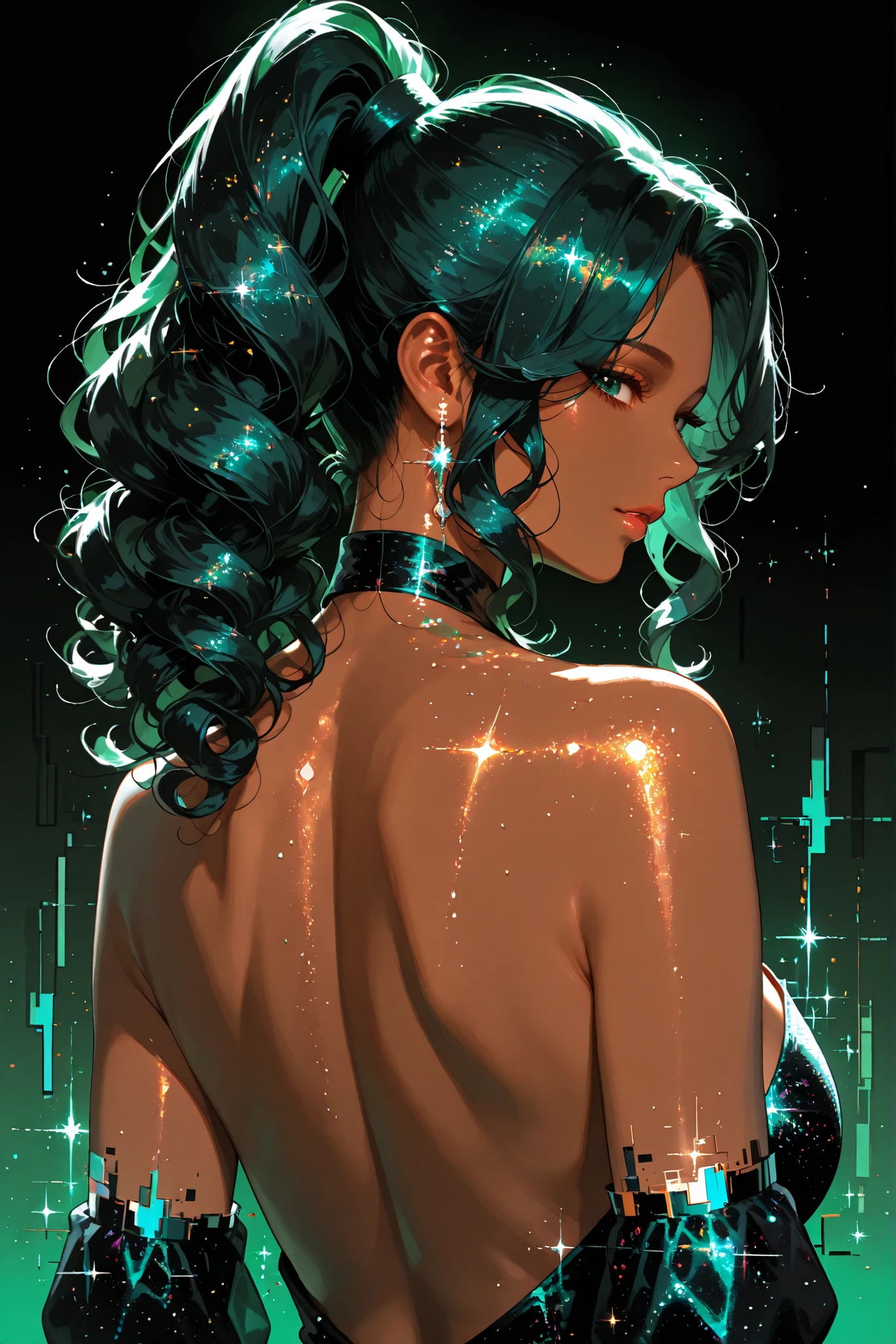embedding:lazypos, digital painting (artwork), glitch art, artwork, glitter, particle effect, 1girl, black curly hair, high ponytail, brown skin, mature female, upper body, from behind, looking at viewer, backless outfit, dark green eyes,
