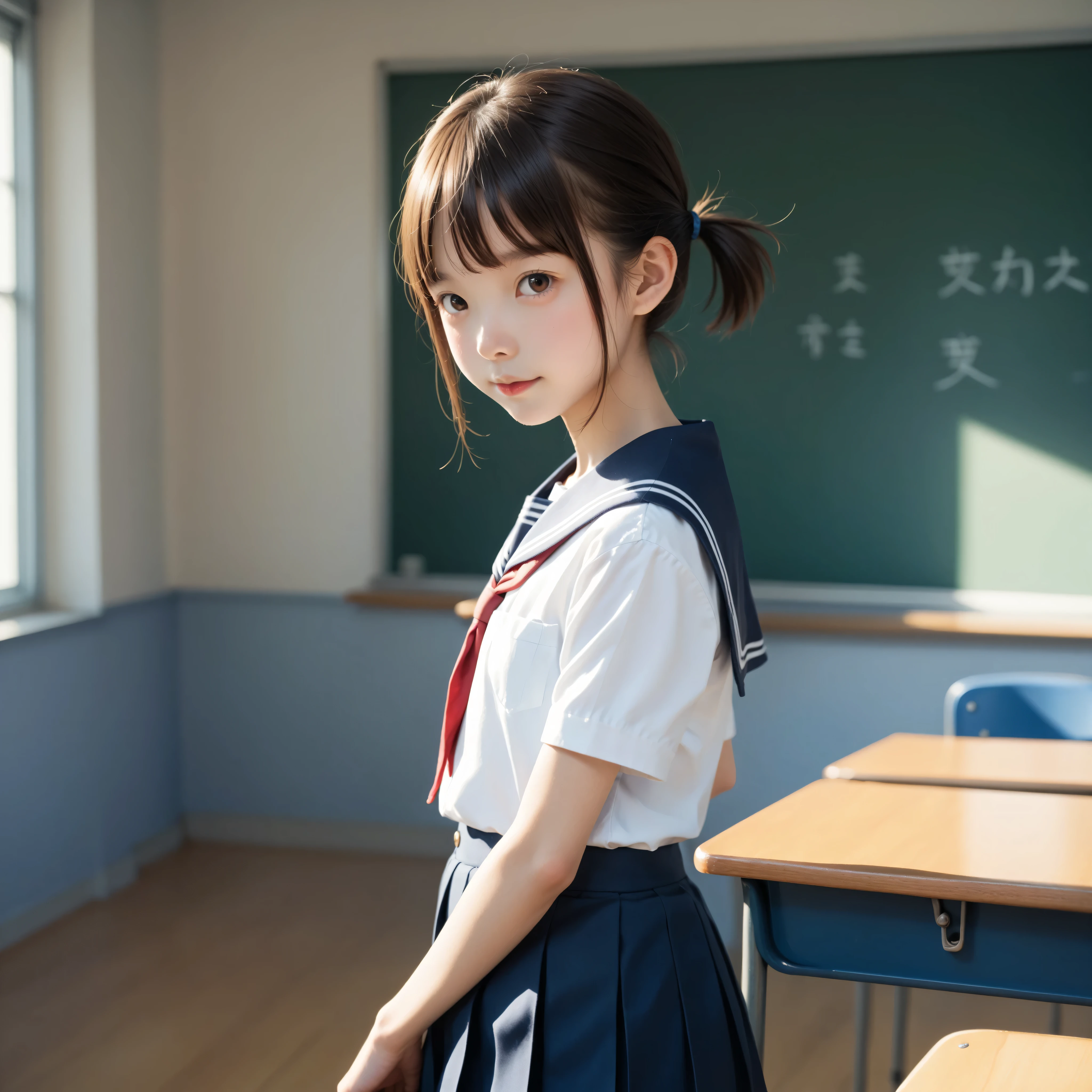 ( white skin:1.3),cute girl,かわいいyounger女の子,slender,short,skinny,slender,slender body,younger,かわいいyounger女の子,skinny,score_7_ up,score_8_ up,score_9,small breasts,realistic,School Uniform,school classroom,small butts are not posing,small breasts,infant body,sunlight,japanese,short,short hair, thin shoulders,thin arm,Narrow Shoulder,younger,Yang