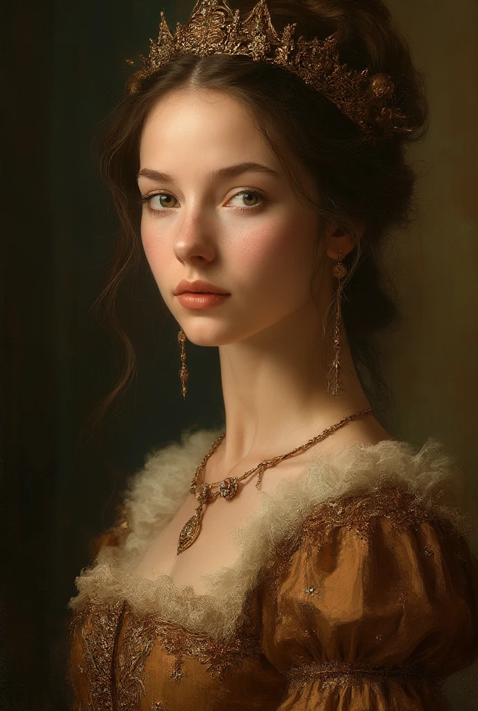 Medieval European painting、Ladies of the Belle Époque era、1girl in、A beautiful teenage girl with、very small chest、Short wavy brown hair、portraitures、an oil painting、Modern and realistic proportions、Intricate and intricate details、foco nítido