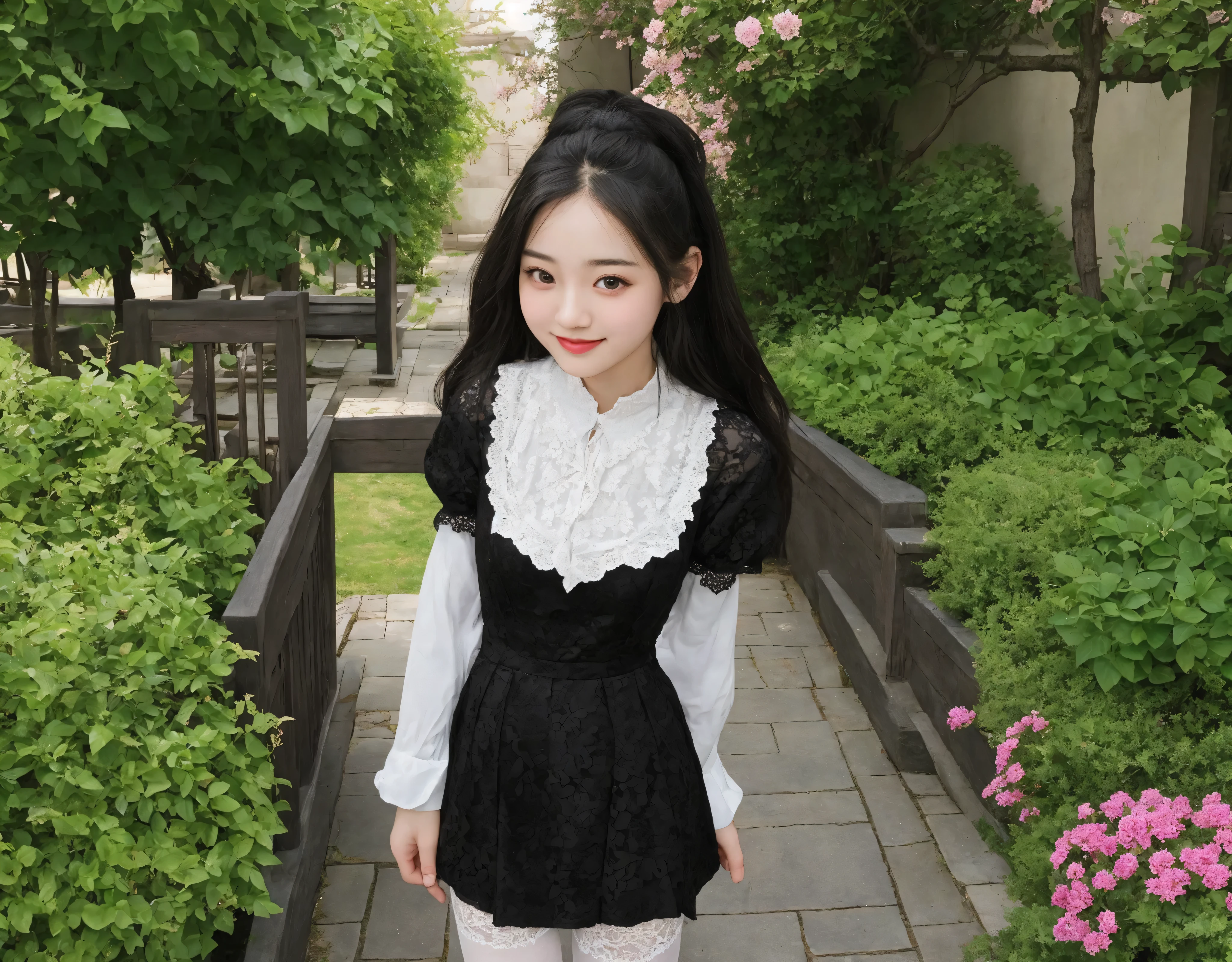 (1 cute girl)、maids,Look at the audience,(skinny:1.39),(younger:1.41),from above,に付けたblack lace stockings,lean forward,(big boobs:0.15),japanese,(smile Yang:0.41),black lace stockings