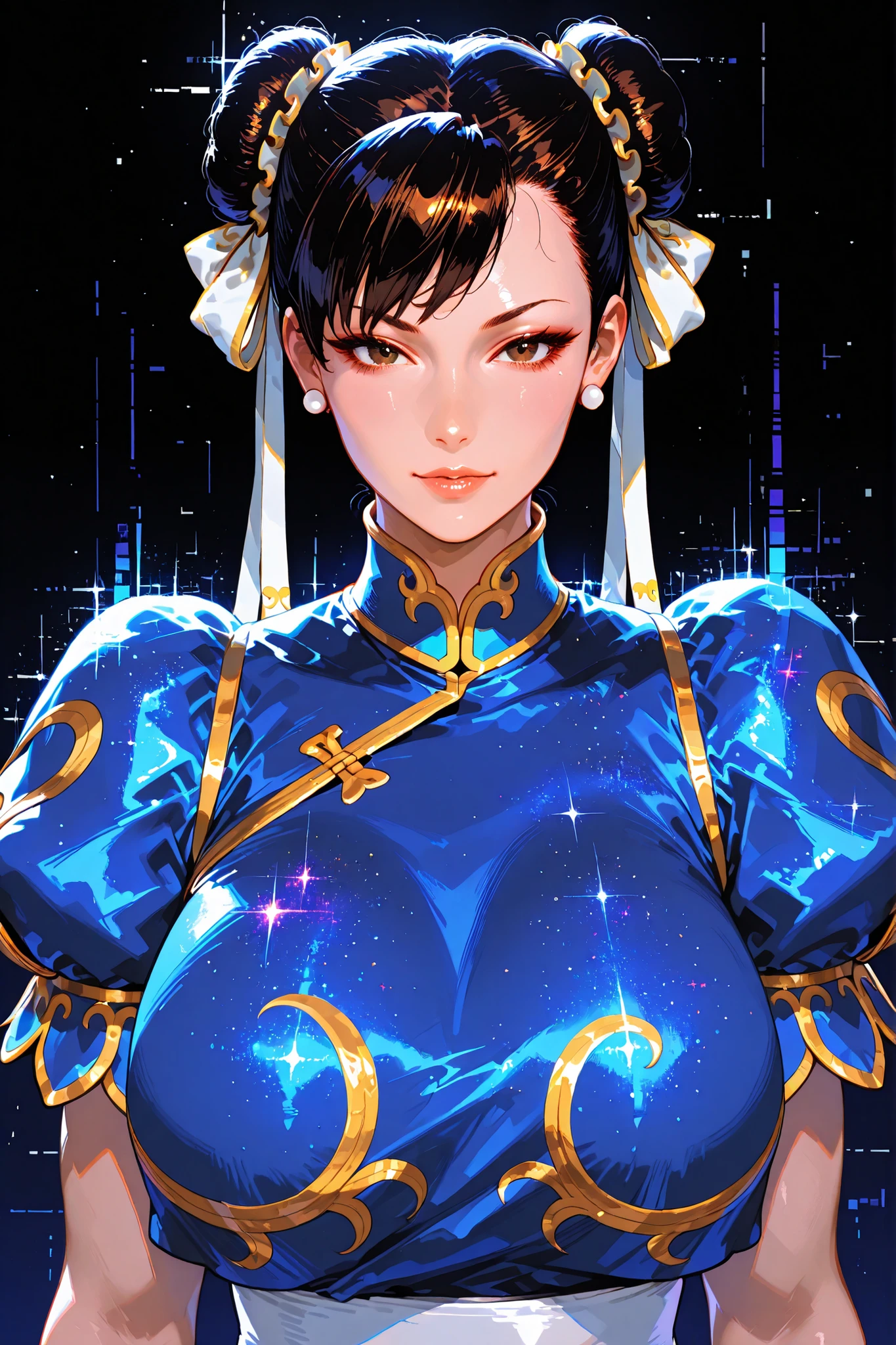 embedding:lazypos, digital painting (artwork), glitch art, artwork, glitter, particle effect, 1girl, black curly hair, high ponytail, mature female, upper body, front view, looking at viewer, Chun-Li from Street Fighters, 