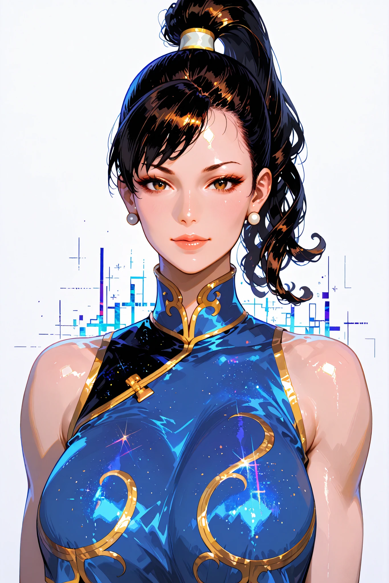 embedding:lazypos, digital painting (artwork), glitch art, artwork, glitter, particle effect, 1girl, black curly hair, high ponytail, mature female, upper body, front view, looking at viewer, Chun-Li from Street Fighters,