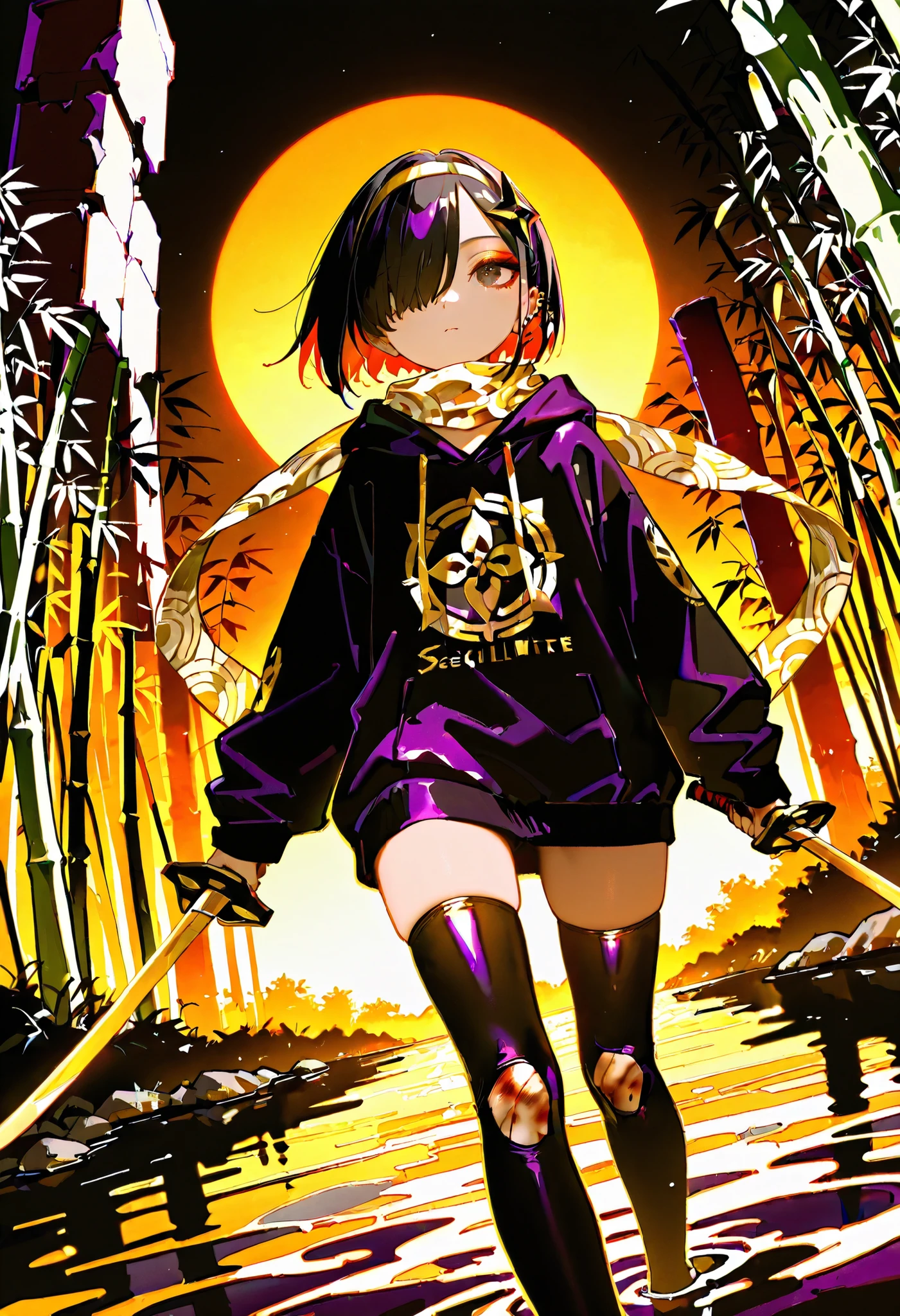masterpiece, detailed_eyes, high_quality, best_quality, highres, absurdres, 8k, score_9, 1girl, sunset, (light skinned girl), (hair over eye), brown eye, black hair, amethyst, tanzanite, Sugilite, piercings, slender body, flat chest, tiny shoulders, wide hips, huge ass, moody, double eyelids, heavy eyeshadow), Seigaiha patterned scarf, Seigaiha wave pattern scarf - gold waves on black background, ((erotic)), hairband, scraped knees, scuffed knees, stockings, black and gold Uroko patterned stockings, oversized hoody, black hoody with gold Yunwen pattern, damaged clothes, black clothes, gold colors, purple colors, complimentary colors, high contrast, shuriken hair ornament, wielding ninjatō, ninja sword, dynamic angle, Southern gothic, kudzu, bamboo forest, fen, swamp, murky water