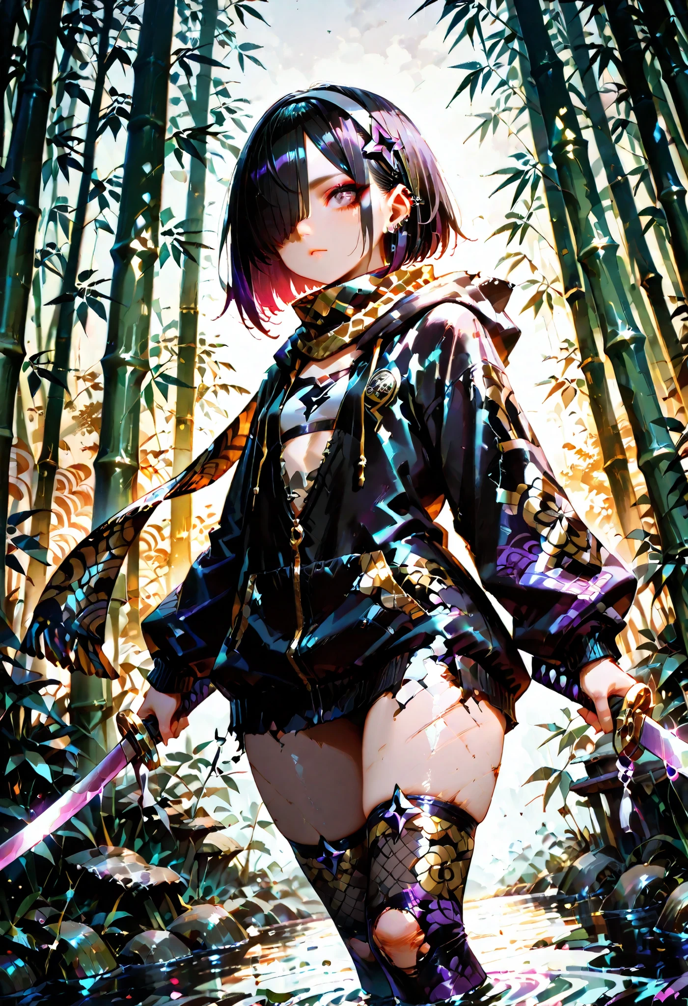 masterpiece, detailed_eyes, high_quality, best_quality, highres, absurdres, 8k, score_9, 1girl, sunset, (light skinned girl), (hair over eye), brown eye, black hair, amethyst, tanzanite, Sugilite, piercings, slender body, flat chest, tiny shoulders, wide hips, huge ass, moody, double eyelids, heavy eyeshadow), Seigaiha patterned scarf, Seigaiha wave pattern scarf - gold waves on black background, ((erotic)), hairband, scraped knees, scuffed knees, stockings, black and gold Uroko patterned stockings, oversized hoody, black hoody with gold Yunwen pattern, damaged clothes, black clothes, gold colors, purple colors, complimentary colors, high contrast, shuriken hair ornament, wielding ninjatō, ninja sword, dynamic angle, Southern gothic, kudzu, bamboo forest, fen, swamp, murky water