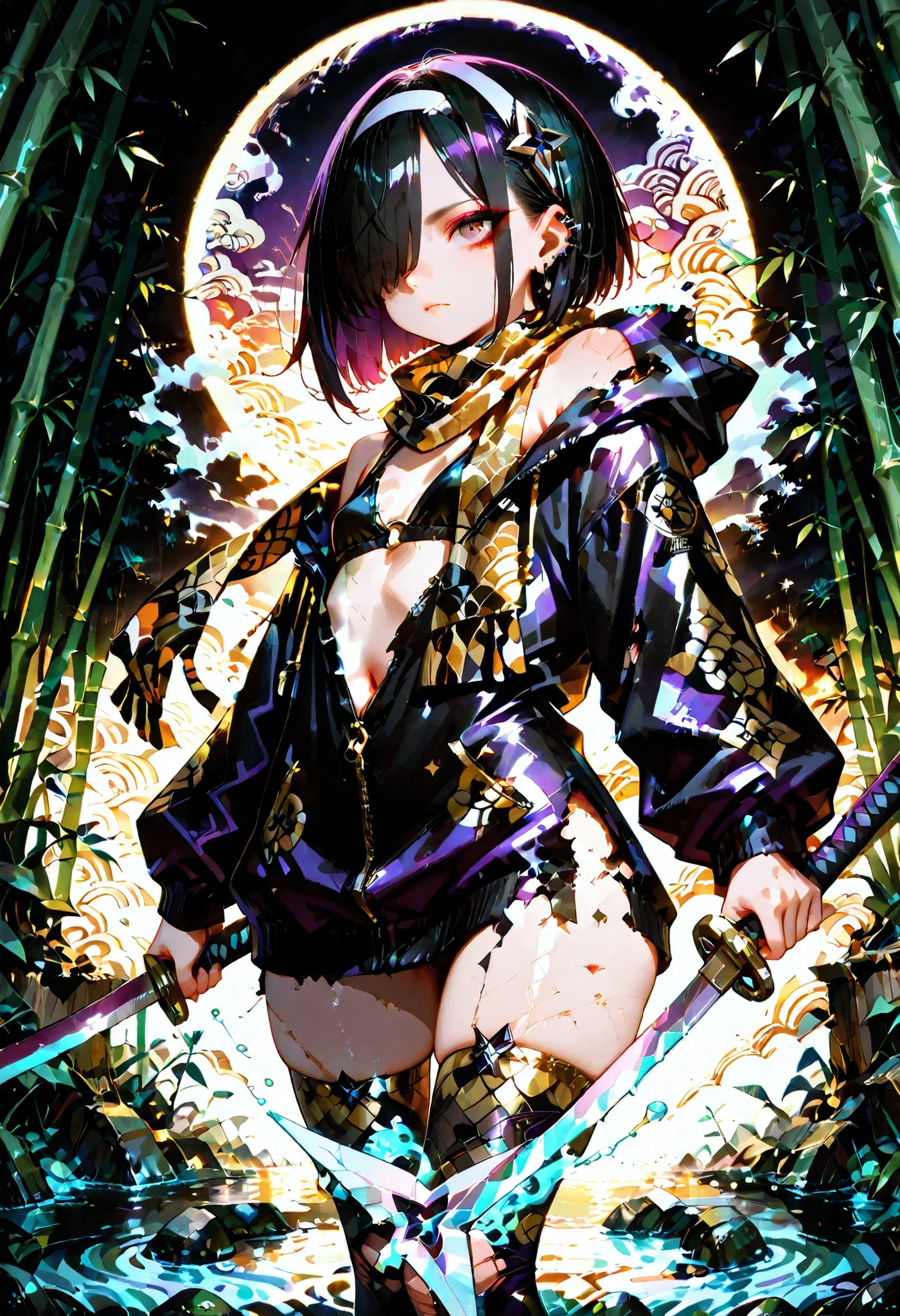 masterpiece, detailed_eyes, high_quality, best_quality, highres, absurdres, 8k, score_9, 1girl, sunset, (light skinned girl), (hair over eye), brown eye, black hair, amethyst, tanzanite, Sugilite, piercings, slender body, flat chest, tiny shoulders, wide hips, huge ass, moody, double eyelids, heavy eyeshadow), ((Seigaiha patterned scarf, Seigaiha wave pattern scarf - gold waves on black background)), ((erotic)), hairband, scraped knees, scuffed knees, stockings, ((black and gold Uroko patterned stockings, oversized hoody, black hoody with gold Yunwen pattern)), damaged clothes, (exposed shoulders), black clothes, gold colors, purple colors, complimentary colors, high contrast, shuriken hair ornament, wielding ninjatō, ninja sword, dynamic angle, Southern gothic, kudzu, bamboo forest, fen, swamp, murky water