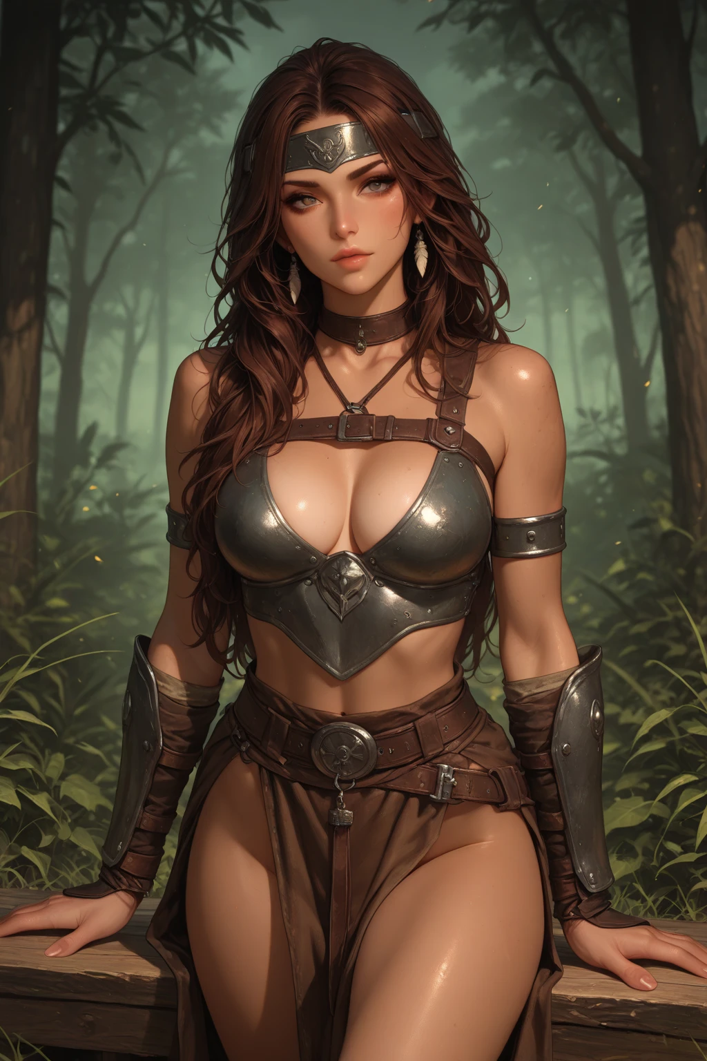 Smooth_Quality, HDR, (chiaroscuro), ultra realistic, (high detailed skin), bokeh, luminescent background, 1girl, mature, tribal tattoos, streaked hair, long ponytail hair, fur barbarian armor, fur, warrior fur cape, parted lips, standing, looking at viewer, forest, (night), (dark), glowing floating particles, campfire, dynamic angle, cowboy shot,<lora:Smooth_Booster:0.5> <lora:SLE_v2:-1>