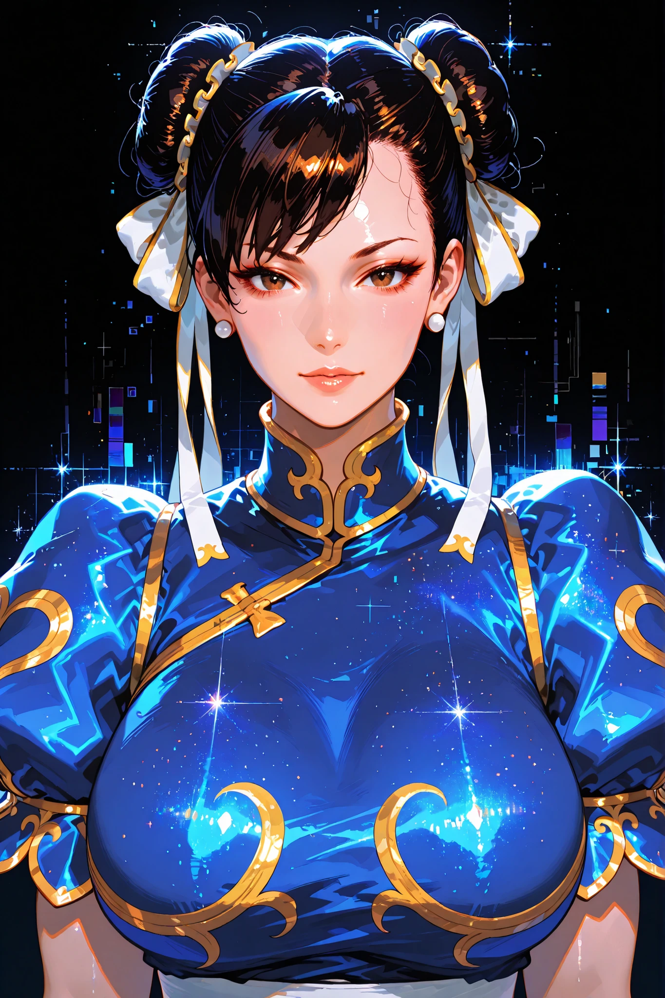 embedding:lazypos, digital painting (artwork), glitch art, artwork, glitter, particle effect, 1girl, black curly hair, high ponytail, mature female, upper body, front view, looking at viewer, Chun-Li from Street Fighters,