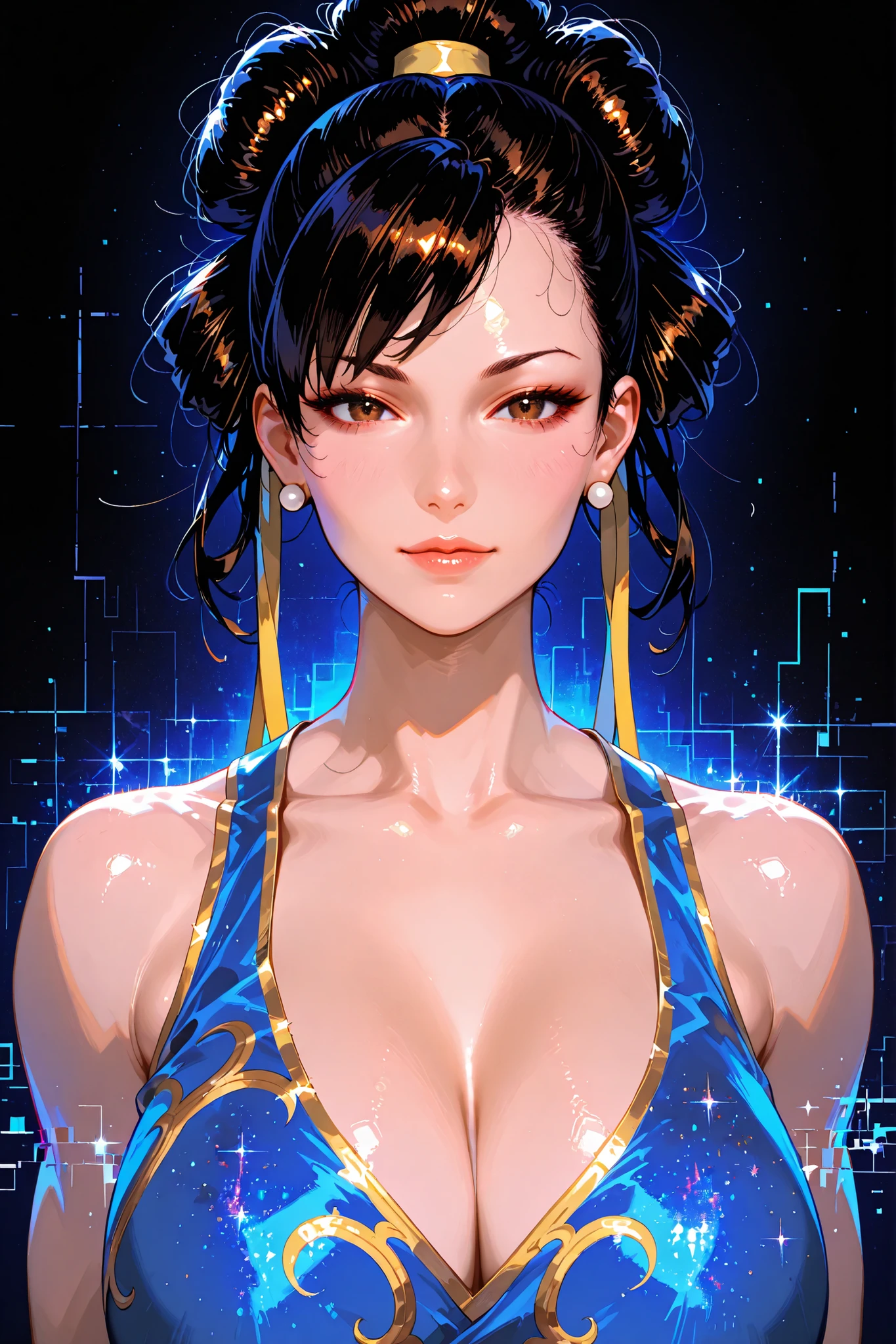 embedding:lazypos, digital painting (artwork), glitch art, artwork, glitter, particle effect, 1girl, black curly hair, high ponytail, mature female, upper body, front view, looking at viewer, Chun-Li from Street Fighters,