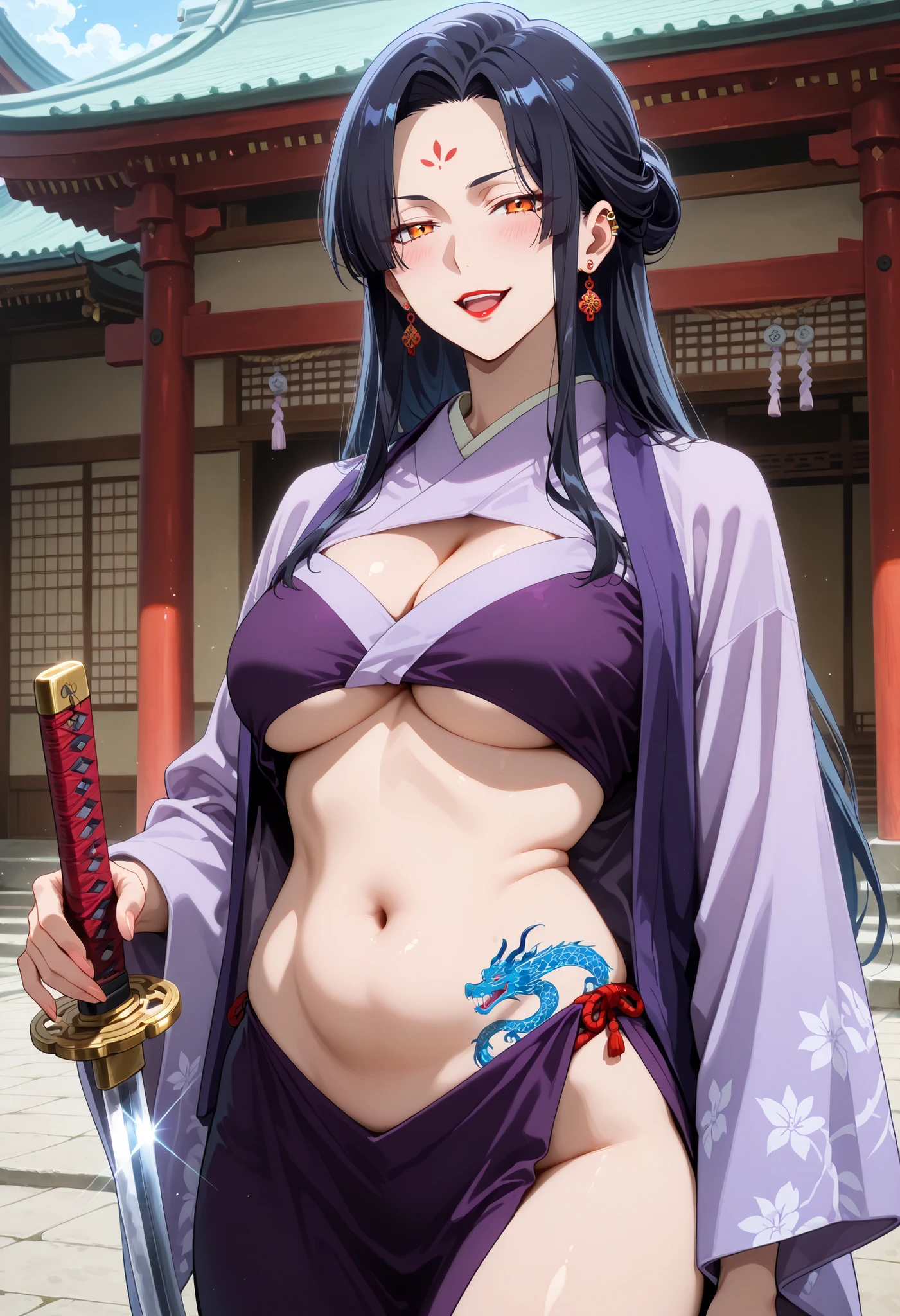 score_9, score_8_up, score_7_up, source_anime, rating_safe, BREAK 1girl, solo, looking at viewer, smile,  J0ka, orange eyes, black hair, long hair, parted bangs, sidelocks, facial mark,  red lipstick, earrings, , ear piercing, long hair, blush, lipstick,Hot girl, baddie, sensual, attractive, mature female, ,holding sword, east asian architecture,open mouth, jewelry, outdoor, japanese architecture, temple, kimono, purple shawl, wide sleeves, , serious, looking at viewer, slim belly, east asian architecture,,holding sword, , mature female, masterpiece,high quality,4k,belly,,,cleavage, ,, smile, open mouth, (nsfw) not safe for work, evil expression,belly, exposed navel, exposed midriff, cleavage cutout, , exposed lower belly,,,navel , underboob , side slit, , medium Breasts, dragon tattoo on waist, narrowed eyes, tattoo on waist,, anipai_style , anime screencap , anime coloring,,v-shape eyebrows

