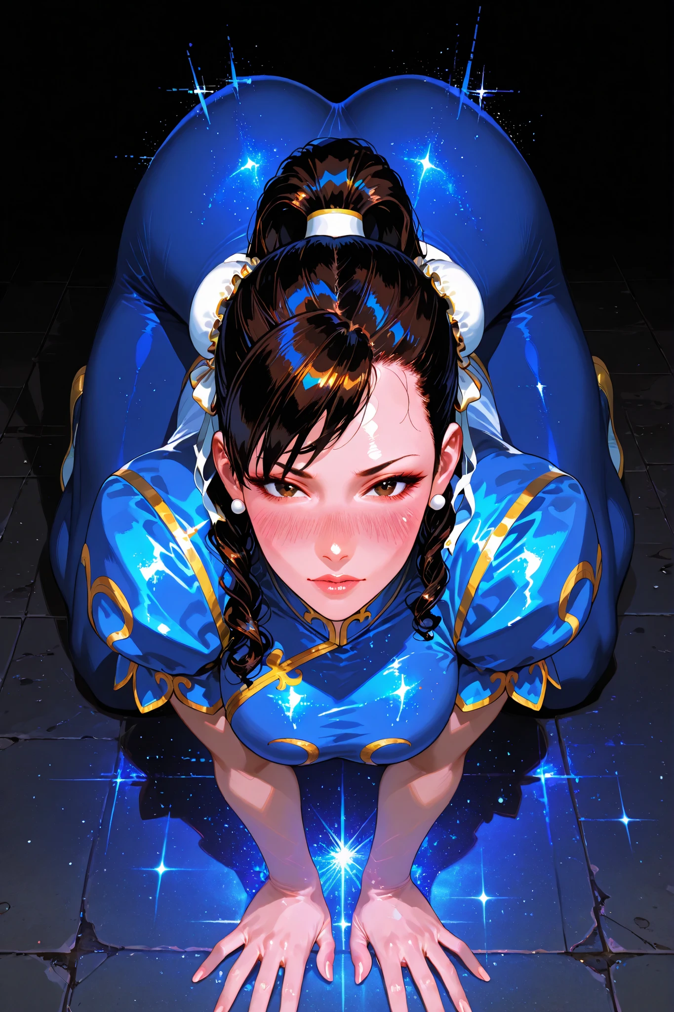 digital painting (artwork), glitch art, artwork, glitter, particle effect, 1girl, black curly hair, high ponytail, mature female, front view, looking at viewer, Chun-Li from Street Fighters, down , blushing, full body view,