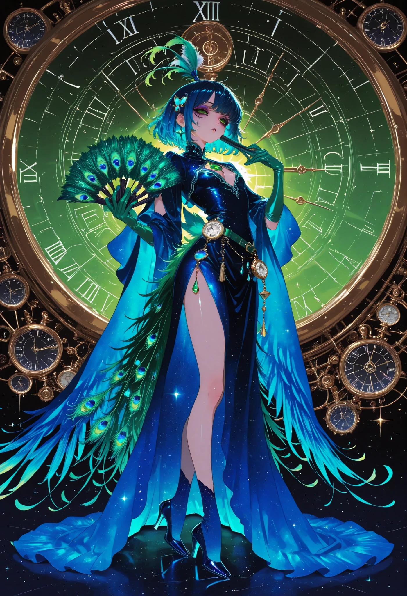 anime style, magical girl who manipulates time, cast a time spell on her right hand、he has a peacock feather folding fan。gives off magical energy with turkey feathers、green with a calm expression and open dark green eyes, , expressive with traumatic eyes and detailed makeup above his eyes, short blue hair on the back, Also、short, bright, dark green、eyes drawn to be seen from between the bangs around the eyes, hair accessories, The first thing to have peacock feathers on their back、it's a witch's cloak。long and green、has iridescent blue details and star sparkles . she wears a full body dress, A combination of aurora-colored stardust, shoulder out、high knee slit, Blue socks with shiny star-shaped details、} Long skirt made of thin transparent fabric, with a green belt with diamonds around his waist、Detailed Pocket Watch, and green gloves、fingertips are transparent、Blue socks have deteriorated into dark blue shoes, has glass heels , magic shines in the rainbow colors, with small green swords , book of sorcery, Cocoon of Call, with lots of space nebulae, international green portal, big clock and、Sharp peacock feathers flying around in places outside of time and space