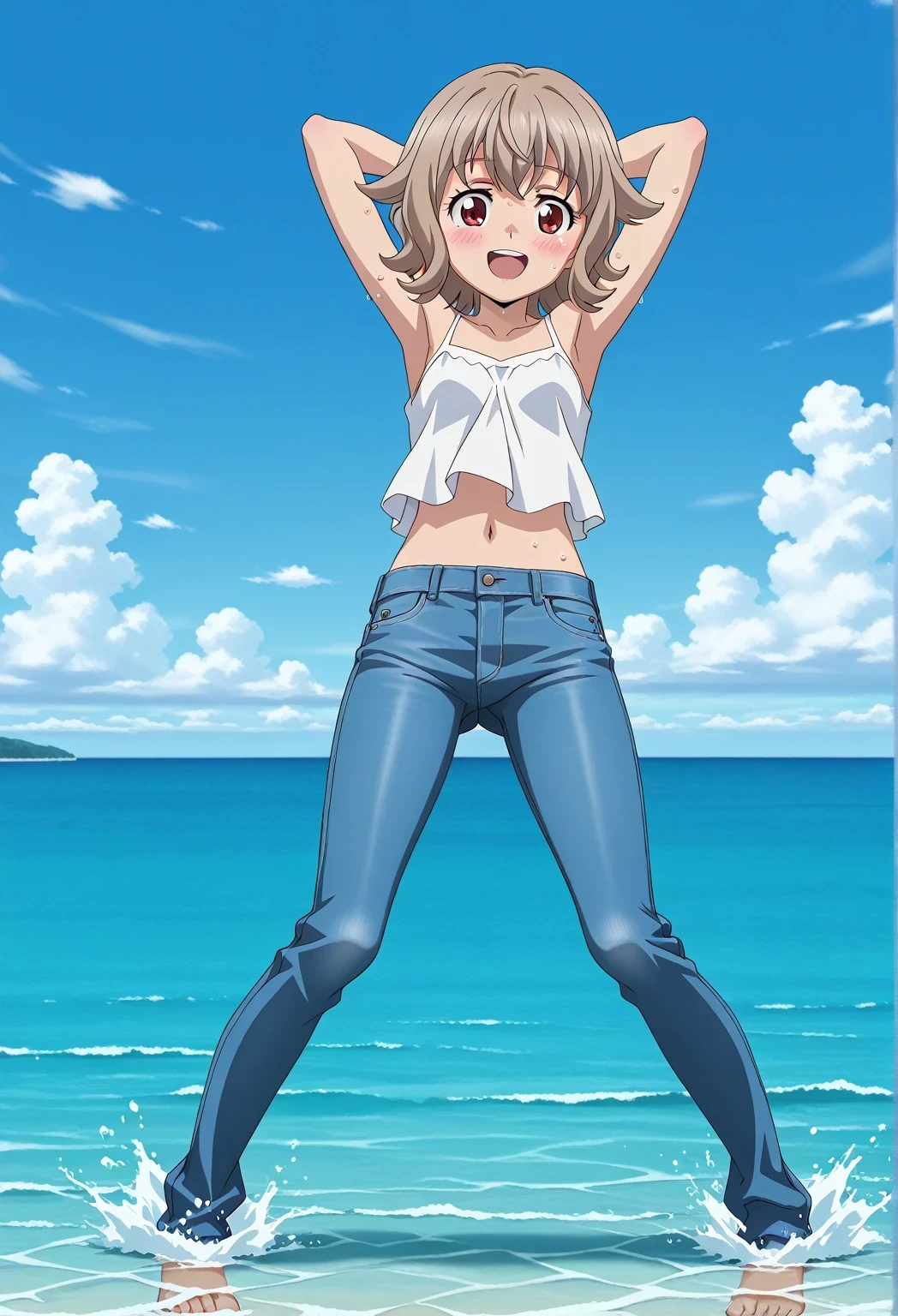 score_9, score_8_up, score_7_up, source_anime, highres, hi res, ((best quality, top quality, perfect quality, Highest Quality, amazing quality)), {{masterpiece}}, {{an extremely delicate and beautiful}}, 2d, intricate details, official style, anime, 8k, anime style, official_anime, official art, digital painting, cell shading, soft shading, high resolution, soothing tones, Subdued Color, Soft cinematic light, adobe lightroom, photolab, HDR, intricately and hyper-detailed, ((high quality animation)), 1 girl, Alone, solo, ((ocean)), tsunami, on the water, day, sunny, outdoors, sky, windy, Atra mixta, Gundam Iron Blooded Orphans, short hair, brown hair, red eyes, anime screencap, small breasts, white camisole top, crop top, white crop top, best quality, hyper-detailed jeans, ((blue jeans:1.9)), (dark blue jeans:0.6), full medium body, medium shot, Open mouth, smiling, happy face, blush, sweat, standing, ((arms behind head:6.0)), ((perfect arm line:2.5)), bowlegged, jumping pose, action, looking at viewer, spread legs, Bend knees slightly, straight-on front view