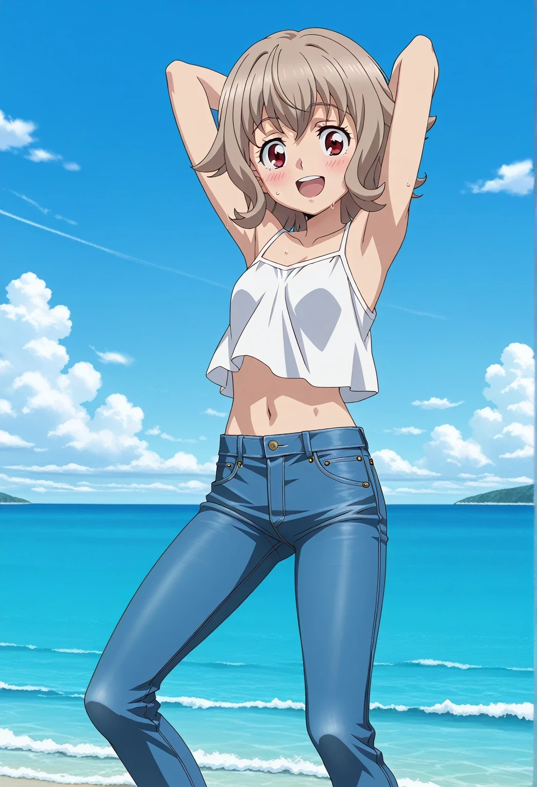 score_9, score_8_up, score_7_up, source_anime, highres, hi res, ((best quality, top quality, perfect quality, Highest Quality, amazing quality)), {{masterpiece}}, {{an extremely delicate and beautiful}}, 2d, intricate details, official style, anime, 8k, anime style, official_anime, official art, digital painting, cell shading, soft shading, high resolution, soothing tones, Subdued Color, Soft cinematic light, adobe lightroom, photolab, HDR, intricately and hyper-detailed, ((high quality animation)), 1 girl, Alone, solo, ((ocean)), tsunami, on the water, day, sunny, outdoors, sky, windy, Atra mixta, Gundam Iron Blooded Orphans, short hair, brown hair, red eyes, anime screencap, small breasts, white camisole top, crop top, white crop top, best quality, hyper-detailed jeans, ((blue jeans:1.9)), (dark blue jeans:0.6), full medium body, medium shot, Open mouth, smiling, happy face, blush, sweat, standing, ((arms behind head:6.0)), ((perfect arm line:2.5)), bowlegged, jumping pose, action, looking at viewer, spread legs, Bend knees slightly, straight-on front view