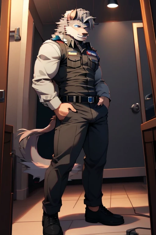 (masterpiece, 4K, ultra detailed), a bull furry, smooth lining, smooth shading, grey horns, muscular, eight-pack, masculine, police office, , anime, , huge load of , , clench, blush, 