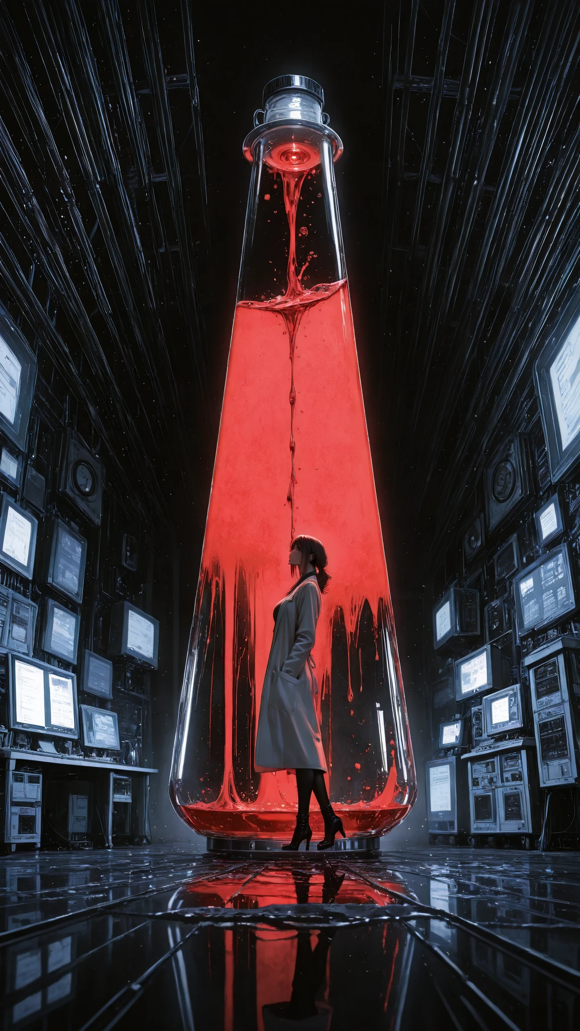 Abstract painting using limited colors based on red,A large laboratory with an eerie atmosphere,Adult women work,Wearing a lab coat,Distant shot,the subject is part of the landscape,oblique camera angle,computer,laboratory capsule,Experimental equipment, beaker ,liquid,High Quality,4K,Ultra Fine Art,photorealistic,Professional,clear details,high contrast,sharp focus,dark,grotesque,dim,Unlucky,(masterpiece, detailed:1.2),maorix,ポケットに手を入れ片方の手に beaker を持って掲げる
