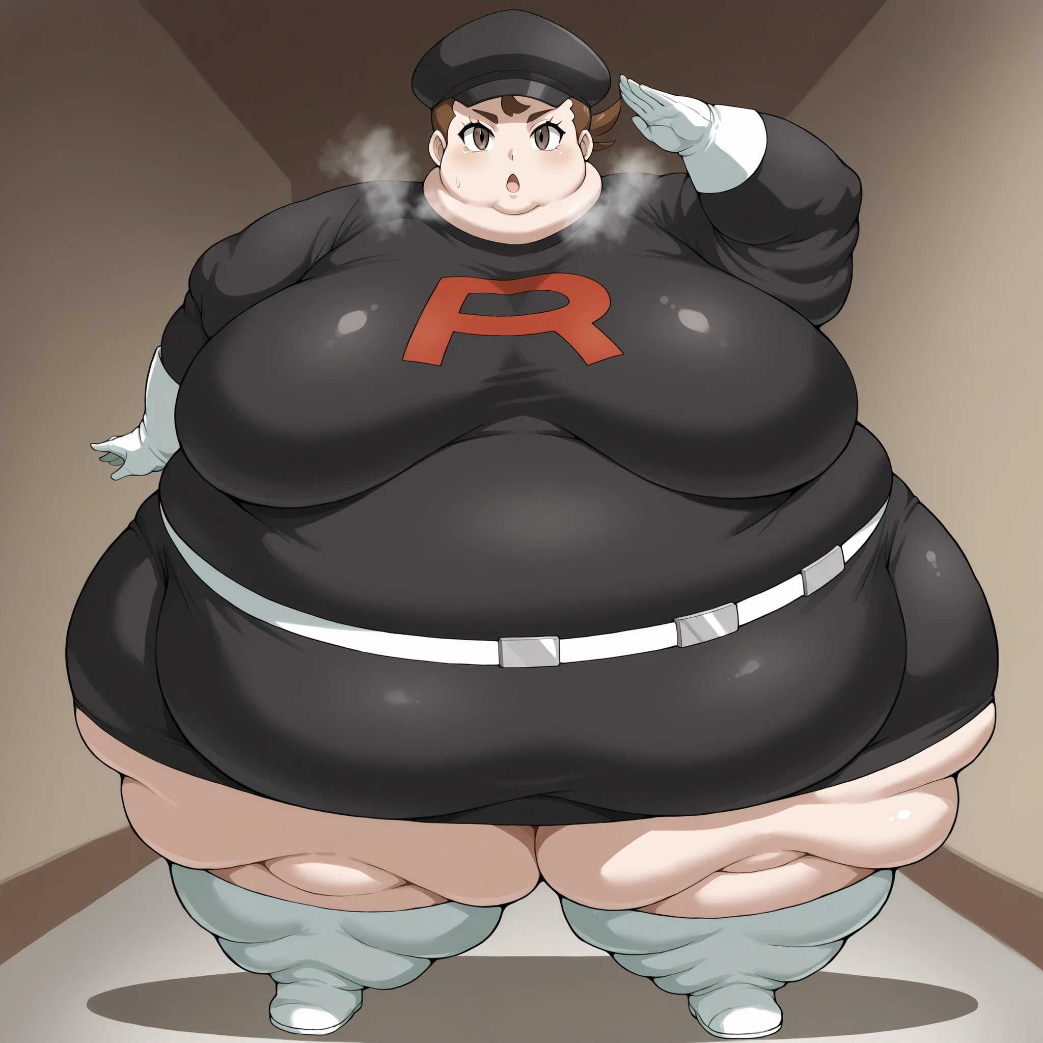 1girl, verity, very short hair, top knot, brown eyes, <lora:team-rocket-uniform-ponyxl-lora-nochekaiser:1>, team rocket uniform, black hat, black shirt, black skirt, white belt, white gloves, single letter,, fat, chubby, obese, fat neck, multiple chins, big breasts open mouth, out of breath, Larger female, full body shot, salute 