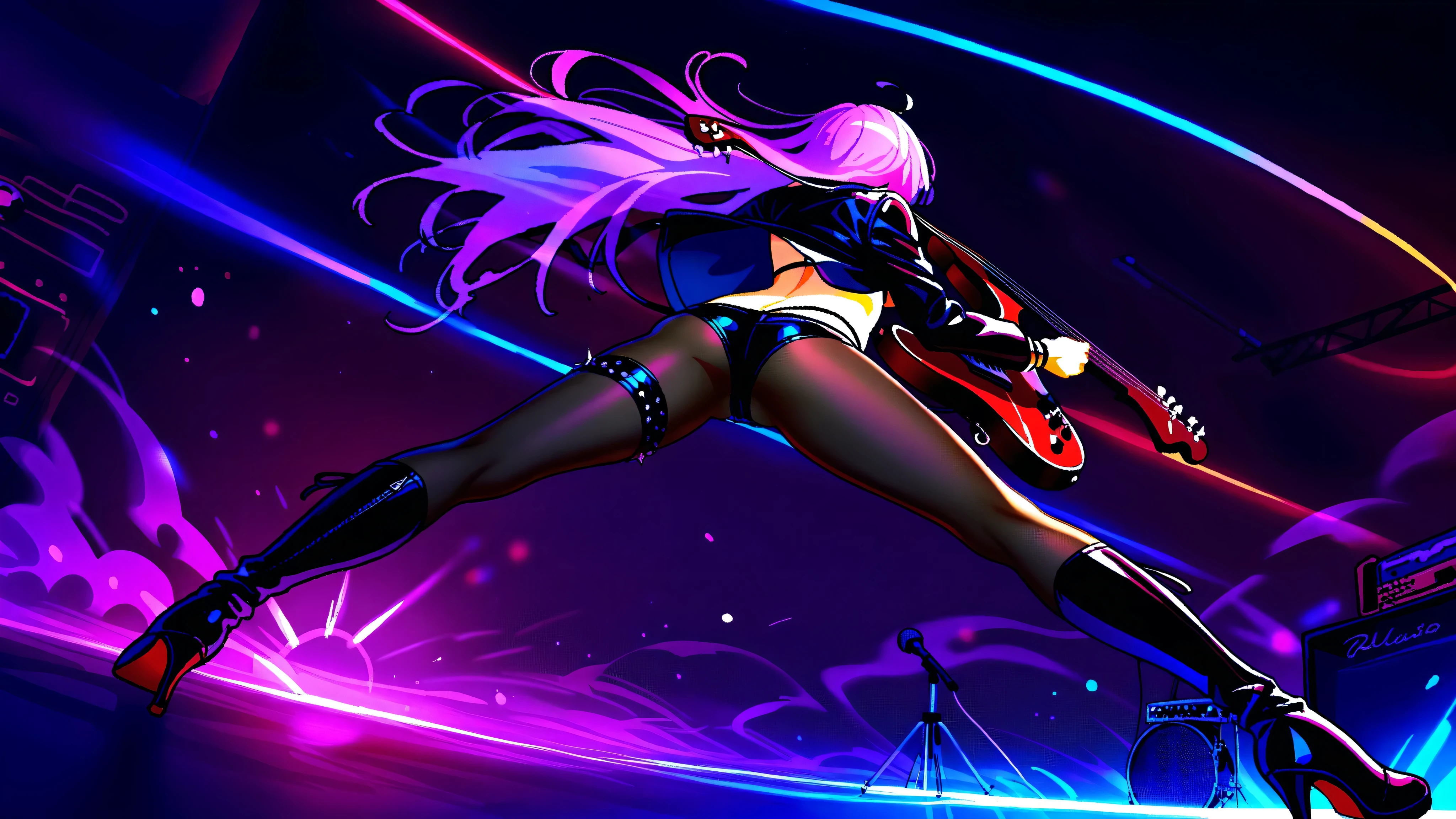 ((masterpiece:1.2)), ((best quality:1.2)), ((very aesthetic:1.4)), illustration, (anime coloring:1.2), ((intricate details:1.4)), ((detailed background:1.2)), concert stage, colorful spotlights, neon lights, dynamic atmosphere, intense rock performance, (((energetic all-female rock band)))), dramatic lighting, glowing stage effects, sound waves in the air, (((powerful stage presence))).

The lead singer—an electrifying frontwoman with long, wild flowing hair—commands the stage, gripping the microphone with intensity, her stylish rock outfit adorned with chains and studs. A sleek leather jacket, ripped tights, and high boots complete her edgy look. She leans into the music, her voice echoing through the venue.

Beside her, the lead guitarist shreds on a sleek, custom electric guitar, fingers gliding effortlessly over the frets. Her stance is fierce, her long hair whipping with the motion. A bass guitarist grooves to the rhythm, swaying in sync with the pounding drums, her expression fully immersed in the music.

The drummer, positioned at the back, is a powerhouse of energy, her movements a blur as she strikes each beat with raw passion. The entire band is in perfect harmony, radiating an untamed energy that ignites the audience.

The concert is alive with flashing lights, pulsating neon hues reflecting off their instruments and outfits. The stage design features massive LED screens flashing psychedelic visuals, smoke effects, and glowing amplifiers, reinforcing the high-octane atmosphere. The audience is a sea of waving hands, immersed in the electrifying moment.

A cinematic shot captures the entire band mid-performance—hair flowing, guitars wailing, music roaring—locked in a moment of pure rockstar magic.
Ultra-detailed textures, HD quality, raw and emotional rock concert vibes, precise character design, vibrant color grading, natural look.