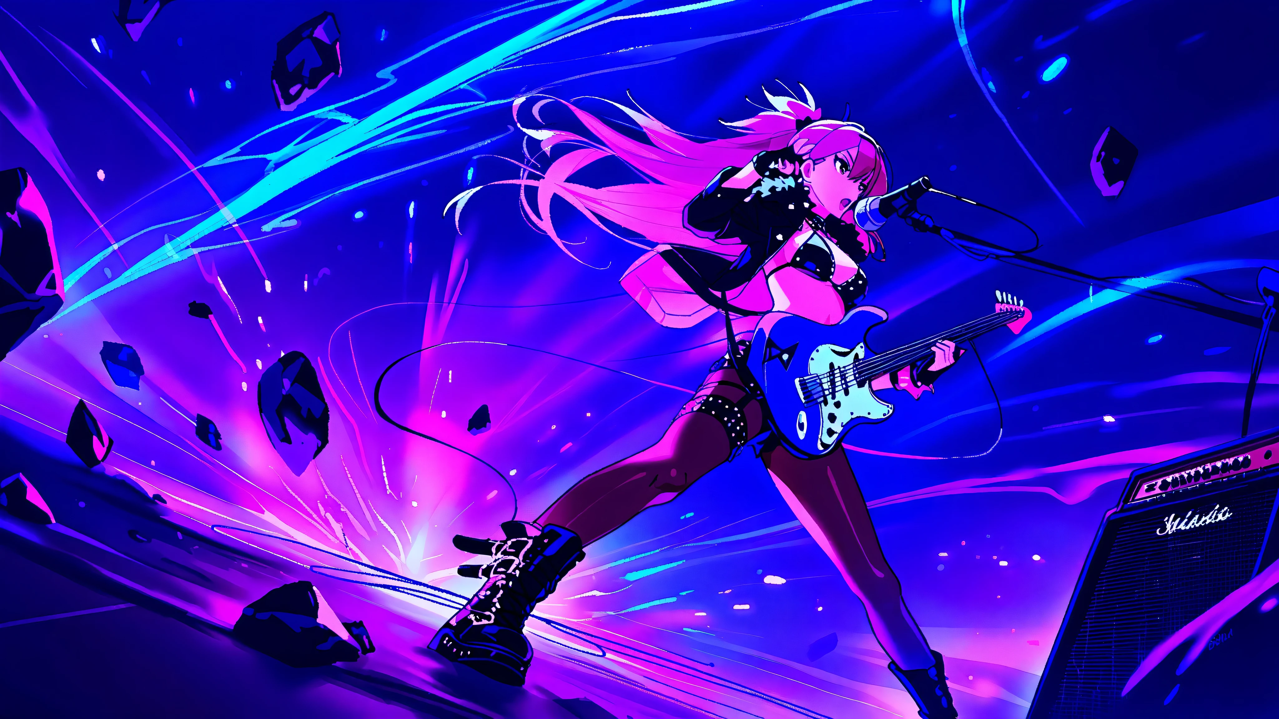 ((masterpiece:1.2)), ((best quality:1.2)), ((very aesthetic:1.4)), illustration, (anime coloring:1.2), ((intricate details:1.4)), ((detailed background:1.2)), concert stage, colorful spotlights, neon lights, dynamic atmosphere, intense rock performance, (((energetic all-female rock band)))), dramatic lighting, glowing stage effects, sound waves in the air, (((powerful stage presence))).

The lead singer—an electrifying frontwoman with long, wild flowing hair—commands the stage, gripping the microphone with intensity, her stylish rock outfit adorned with chains and studs. A sleek leather jacket, ripped tights, and high boots complete her edgy look. She leans into the music, her voice echoing through the venue.

Beside her, the lead guitarist shreds on a sleek, custom electric guitar, fingers gliding effortlessly over the frets. Her stance is fierce, her long hair whipping with the motion. A bass guitarist grooves to the rhythm, swaying in sync with the pounding drums, her expression fully immersed in the music.

The drummer, positioned at the back, is a powerhouse of energy, her movements a blur as she strikes each beat with raw passion. The entire band is in perfect harmony, radiating an untamed energy that ignites the audience.

The concert is alive with flashing lights, pulsating neon hues reflecting off their instruments and outfits. The stage design features massive LED screens flashing psychedelic visuals, smoke effects, and glowing amplifiers, reinforcing the high-octane atmosphere. The audience is a sea of waving hands, immersed in the electrifying moment.

A cinematic shot captures the entire band mid-performance—hair flowing, guitars wailing, music roaring—locked in a moment of pure rockstar magic.
Ultra-detailed textures, HD quality, raw and emotional rock concert vibes, precise character design, vibrant color grading, natural look.