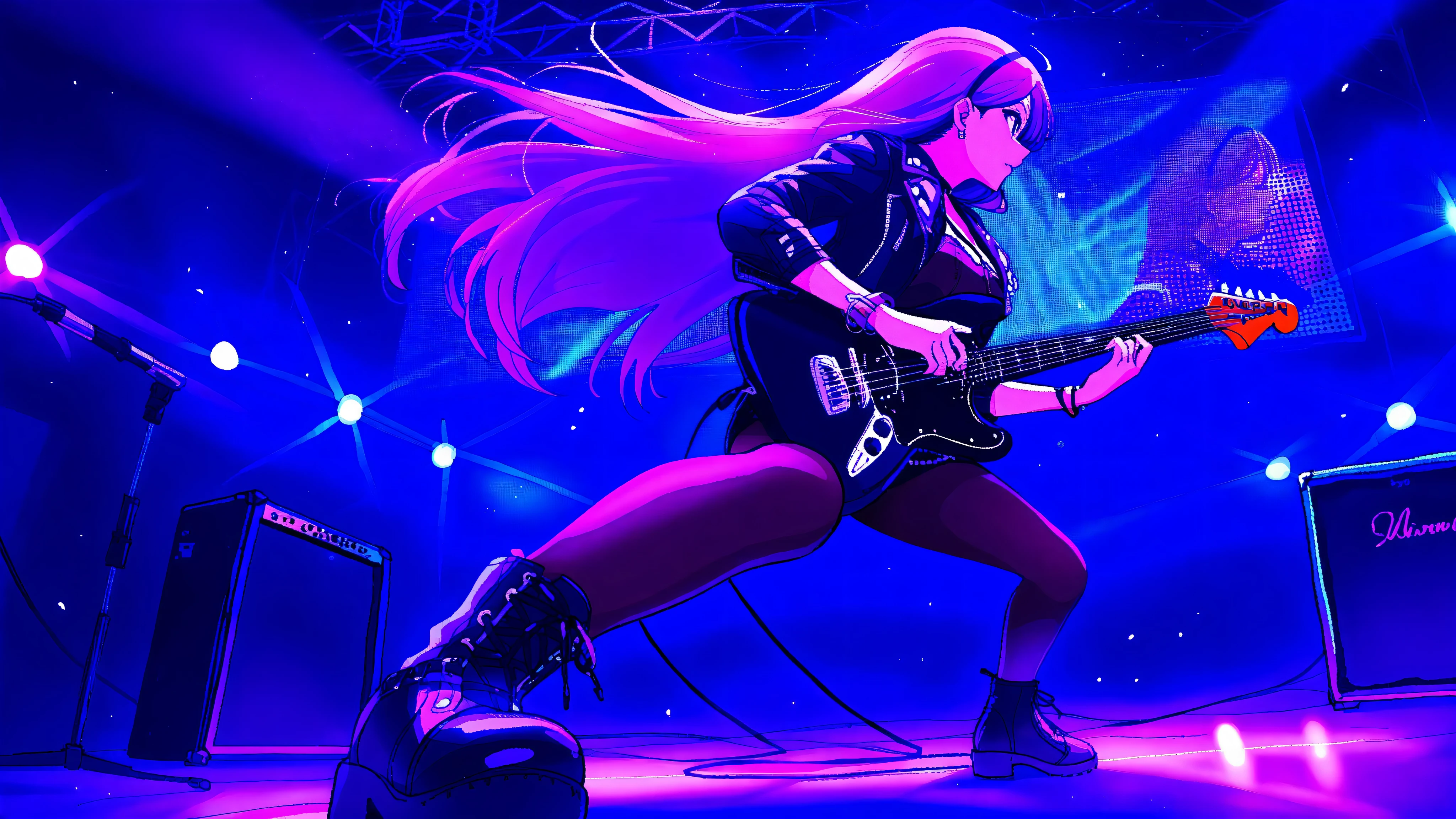((masterpiece:1.2)), ((best quality:1.2)), ((very aesthetic:1.4)), illustration, (anime coloring:1.2), ((intricate details:1.4)), ((detailed background:1.2)), concert stage, colorful spotlights, neon lights, dynamic atmosphere, intense rock performance, (((energetic all-female rock band)))), dramatic lighting, glowing stage effects, sound waves in the air, (((powerful stage presence))).

The lead singer—an electrifying frontwoman with long, wild flowing hair—commands the stage, gripping the microphone with intensity, her stylish rock outfit adorned with chains and studs. A sleek leather jacket, ripped tights, and high boots complete her edgy look. She leans into the music, her voice echoing through the venue.

Beside her, the lead guitarist shreds on a sleek, custom electric guitar, fingers gliding effortlessly over the frets. Her stance is fierce, her long hair whipping with the motion. A bass guitarist grooves to the rhythm, swaying in sync with the pounding drums, her expression fully immersed in the music.

The drummer, positioned at the back, is a powerhouse of energy, her movements a blur as she strikes each beat with raw passion. The entire band is in perfect harmony, radiating an untamed energy that ignites the audience.

The concert is alive with flashing lights, pulsating neon hues reflecting off their instruments and outfits. The stage design features massive LED screens flashing psychedelic visuals, smoke effects, and glowing amplifiers, reinforcing the high-octane atmosphere. The audience is a sea of waving hands, immersed in the electrifying moment.

A cinematic shot captures the entire band mid-performance—hair flowing, guitars wailing, music roaring—locked in a moment of pure rockstar magic.
Ultra-detailed textures, HD quality, raw and emotional rock concert vibes, precise character design, vibrant color grading, natural look.