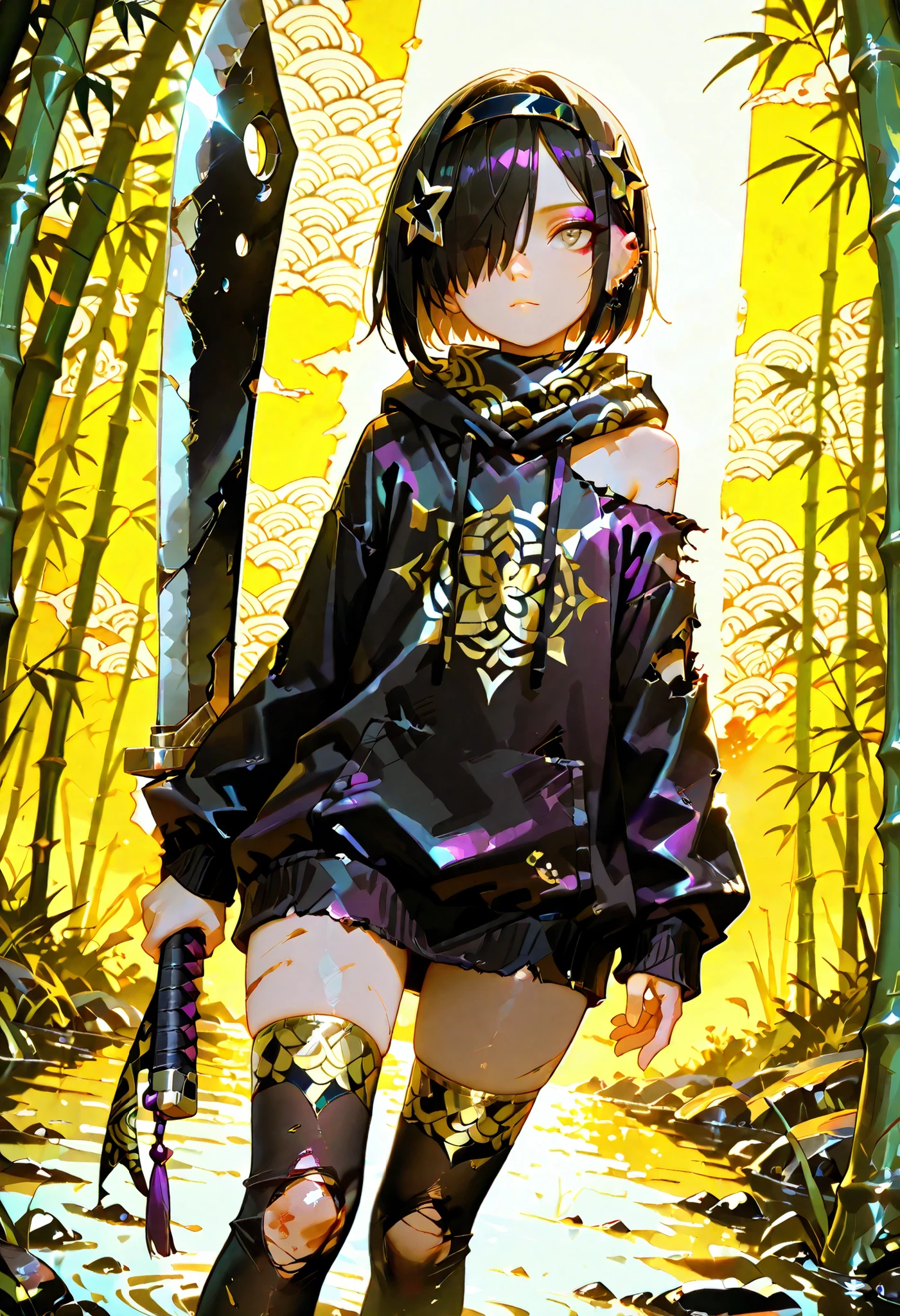 masterpiece, detailed_eyes, high_quality, best_quality, highres, absurdres, 8k, score_9, 1girl, sunset, (light skinned girl), (hair over eye), ((light brown eye)), black hair, amethyst, piercings, slender body, flat chest, tiny shoulders, wide hips, huge ass, moody, double eyelids, heavy eyeshadow), ((Seigaiha patterned scarf, Seigaiha wave pattern scarf - gold waves on black background)), ((erotic)), hairband, scraped knees, scuffed knees, stockings, ((black and gold Uroko patterned stockings, oversized hoody, black hoody with gold Yunwen pattern)), damaged clothes, (exposed shoulders), black clothes, gold colors, purple colors, complimentary colors, high contrast, shuriken hair ornament, wielding ninjatō, ninja sword, dynamic angle, Southern gothic, kudzu, bamboo forest, fen, swamp, murky water