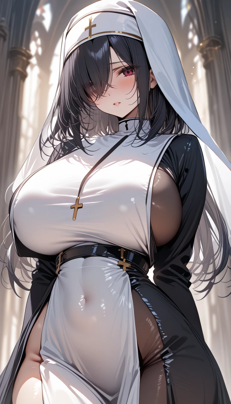 (masterpiece: 1.3), (Maximum resolution: 1.2), (Ultra High Definition TV: 1.2), Cinematic Light, 8K resolution, Detailed facial features , (Sharp focus: 1.2）, (Focus on the face:1.2),Perfect Style, Beautiful Face, Acura, Anatomically correct, Highly detailed face and skin texture, Beautiful Eyes,Beautiful Eyes, Thin eyebrows, Glitter Eyeliner: 1 Natural Cheeks, Glowing Skin, Fair skin: 1.2, (Glossy Lips: 1.4),、 (Embarrassed look: 1.2),Highly detailed face and skin texture, Natural Cheeks, , Glossy Lips: 1.4,Perfect Style、Cleavage、Soft ???????、（????? on ?????:1.4）（??? on thighs 1.2）、 Overflowing ?????、Dripping ?????、Drenched in sweat、Wet clothes、blush、A humiliating look、Anxious expression、Frightened expression、Embarrassed look、Glare、anger、sorrow、tears、Open your knees、Spread your legs、 White ?????????、necklace、Disheveled clothes、White panties、sweating、Thin ?????????、stockings、32 Talent、 Neat, Mature Woman,1 person、 Upward-facing ?????, In the desolate forest、Black Hair、blonde、Silver Hair、Blue-gray eyes、Greenish-gray eyes,(Nuns'clothing:1.8)、