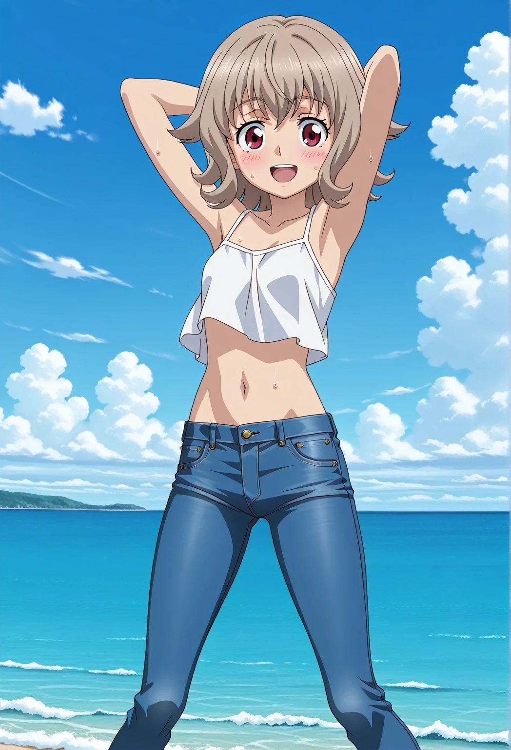 score_9, score_8_up, score_7_up, source_anime, highres, hi res, ((best quality, top quality, perfect quality, Highest Quality, amazing quality)), {{masterpiece}}, {{an extremely delicate and beautiful}}, 2d, intricate details, official style, anime, 8k, anime style, official_anime, official art, digital painting, cell shading, soft shading, high resolution, soothing tones, Subdued Color, Soft cinematic light, adobe lightroom, photolab, HDR, intricately and hyper-detailed, ((high quality animation)), 1 girl, Alone, solo, ((ocean)), tsunami, on the water, day, sunny, outdoors, sky, windy, Atra mixta, Gundam Iron Blooded Orphans, short hair, brown hair, red eyes, anime screencap, small breasts, white camisole top, crop top, white crop top, best quality, hyper-detailed jeans, ((blue jeans:1.9)), (dark blue jeans:0.6), full medium body, medium shot, Open mouth, smiling, happy face, blush, sweat, standing, ((arms behind head:6.0)), ((perfect arm line:2.5)), bowlegged, natural standing pose, action, looking at viewer, spread legs, Bend knees slightly, straight-on front view