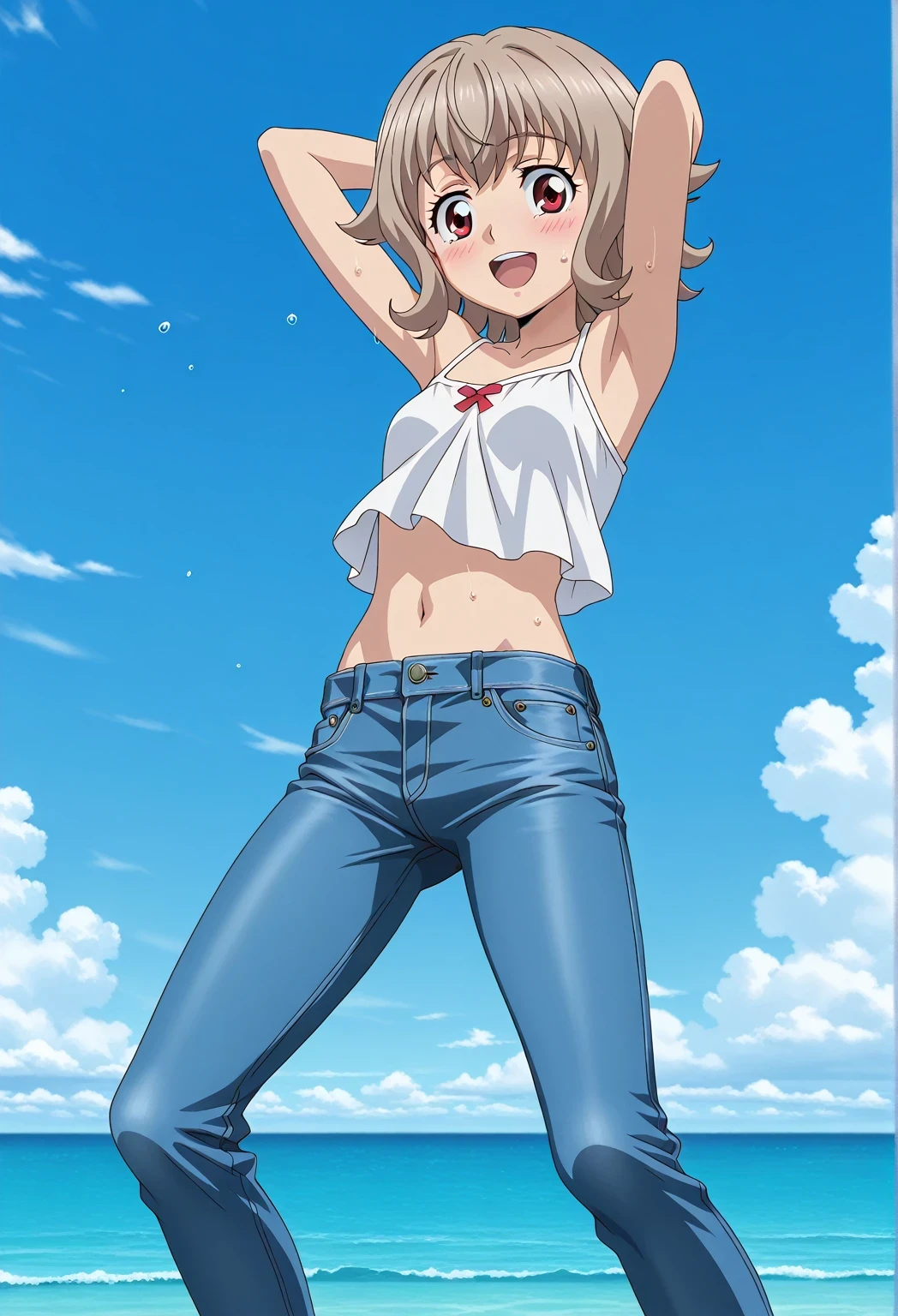 score_9, score_8_up, score_7_up, source_anime, highres, hi res, ((best quality, top quality, perfect quality, Highest Quality, amazing quality)), {{masterpiece}}, {{an extremely delicate and beautiful}}, 2d, intricate details, official style, anime, 8k, anime style, official_anime, official art, digital painting, cell shading, soft shading, high resolution, soothing tones, Subdued Color, Soft cinematic light, adobe lightroom, photolab, HDR, intricately and hyper-detailed, ((high quality animation)), 1 girl, Alone, solo, ((ocean)), tsunami, on the water, day, sunny, outdoors, sky, windy, Atra mixta, Gundam Iron Blooded Orphans, short hair, brown hair, red eyes, anime screencap, small breasts, white camisole top, crop top, white crop top, best quality, hyper-detailed jeans, ((blue jeans:1.9)), (dark blue jeans:0.6), full medium body, medium shot, Open mouth, smiling, happy face, blush, sweat, standing, ((arms behind head:6.0)), ((perfect arm line:2.5)), bowlegged, jumping pose, action, looking at viewer, spread legs, Bend knees slightly, straight-on front view