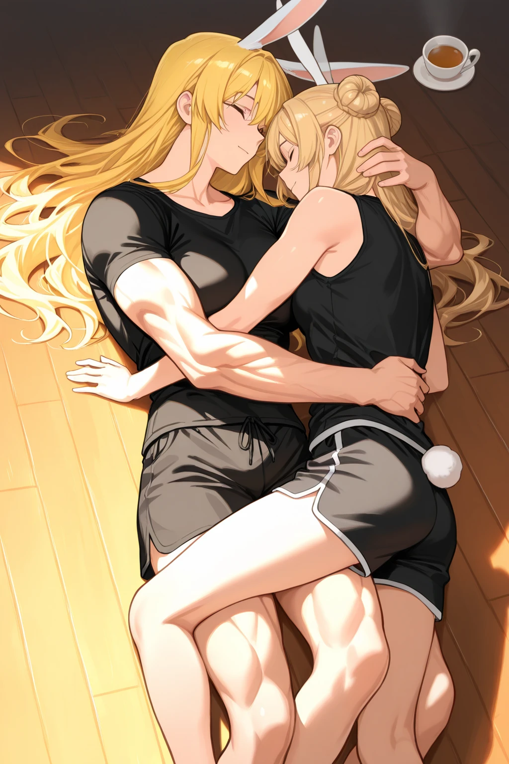 Very detailed、Highest quality、Best image quality、masterpiece、8K、(Blonde Hair Color:1.5)、(looking back、all fours:1.5、Sex_from_behind:1.5)、(ckundies、underwear, panties, sports bra, black panties, clothes writing)