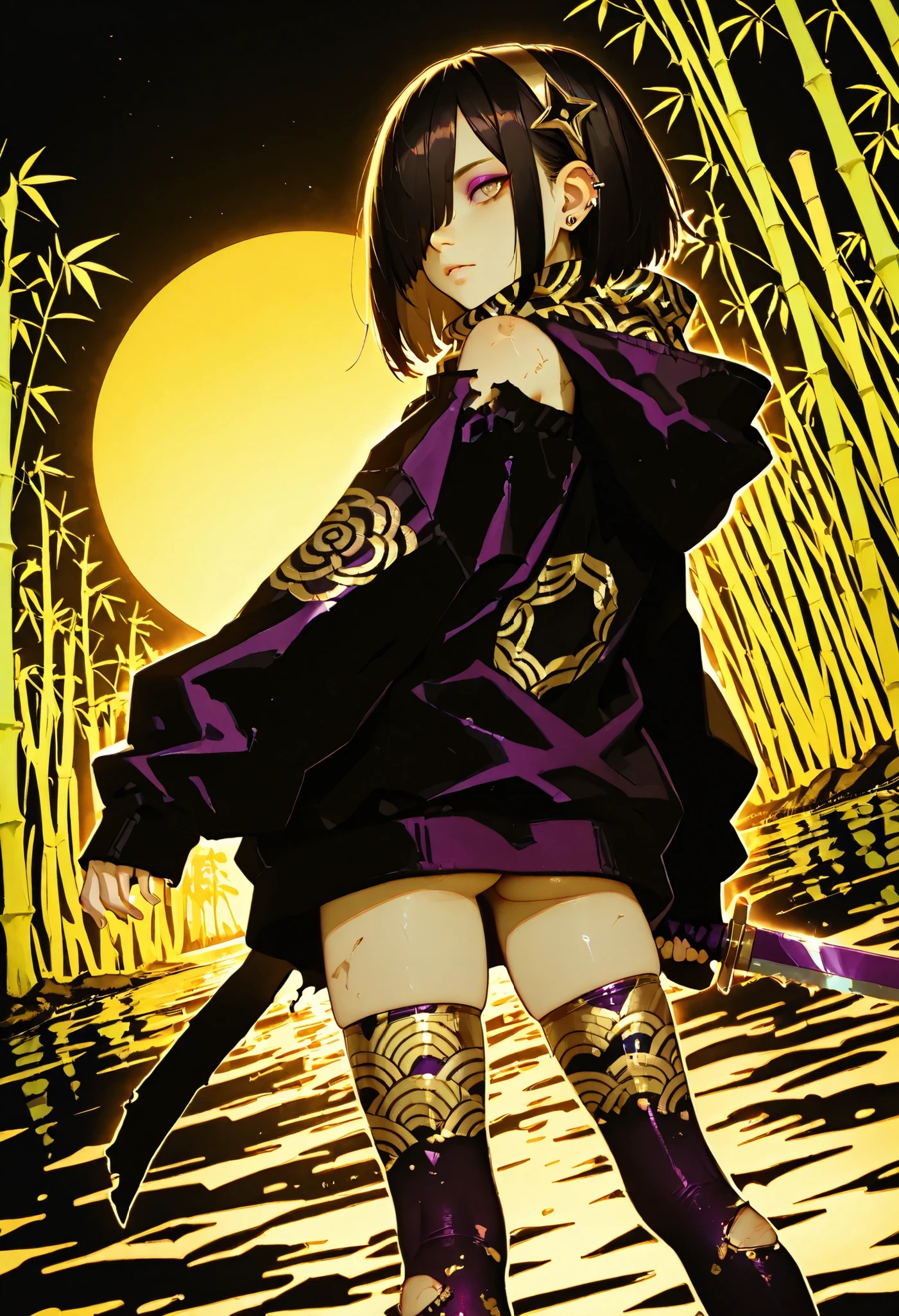 masterpiece, detailed_eyes, high_quality, best_quality, highres, absurdres, 8k, score_9, 1girl, sunset, (light skinned girl), (hair over eye), ((light brown eye)), black hair, amethyst, piercings, slender body, flat chest, tiny shoulders, wide hips, huge ass, moody, double eyelids, heavy eyeshadow), ((Seigaiha patterned scarf, Seigaiha wave pattern scarf - gold waves on black background)), ((erotic)), hairband, scraped knees, scuffed knees, stockings, ((black and gold Uroko patterned stockings, oversized hoody, black hoody with gold Yunwen pattern)), damaged clothes, (exposed shoulders), black clothes, gold colors, purple colors, complimentary colors, high contrast, shuriken hair ornament, wielding ninjatō, ninja sword, dynamic angle, Southern gothic, kudzu, bamboo forest, fen, swamp, murky water