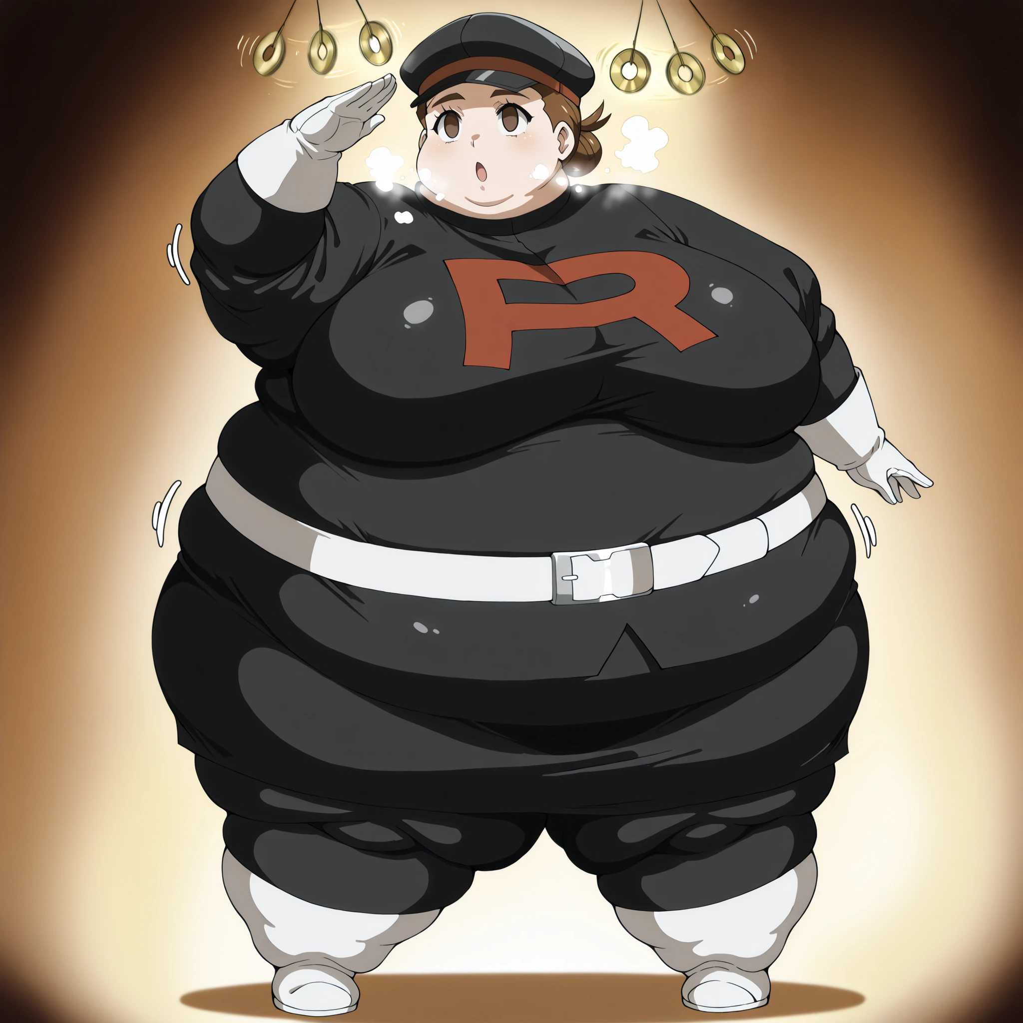 1girl, verity, very short hair, top knot, brown eyes, <lora:team-rocket-uniform-ponyxl-lora-nochekaiser:1>, team rocket uniform, black hat, black shirt, black skirt, white belt, white gloves, single letter,, fat, chubby, obese, fat neck, multiple chins, big breasts open mouth, out of breath, Larger female, full body shot, salute, (hypnosis, mind control), ((empty_eyes)),