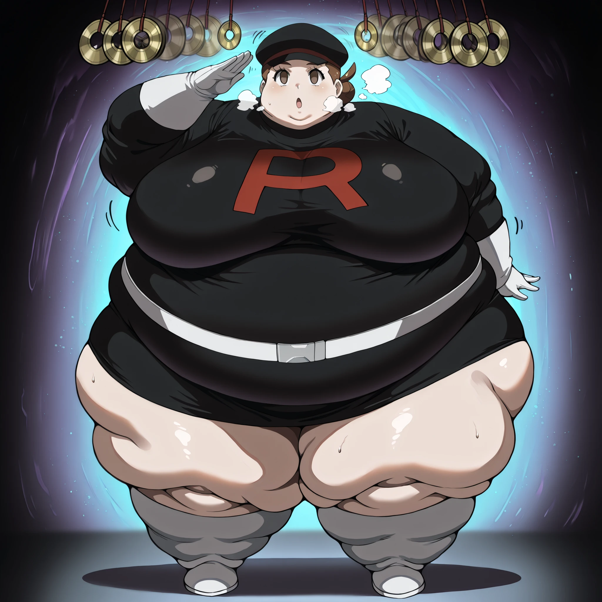 1girl, verity, very short hair, top knot, brown eyes, <lora:team-rocket-uniform-ponyxl-lora-nochekaiser:1>, team rocket uniform, black hat, black shirt, black skirt, white belt, white gloves, single letter,, fat, chubby, obese, fat neck, multiple chins, big breasts open mouth, out of breath, Larger female, full body shot, salute, (hypnosis, mind control), ((empty_eyes)),