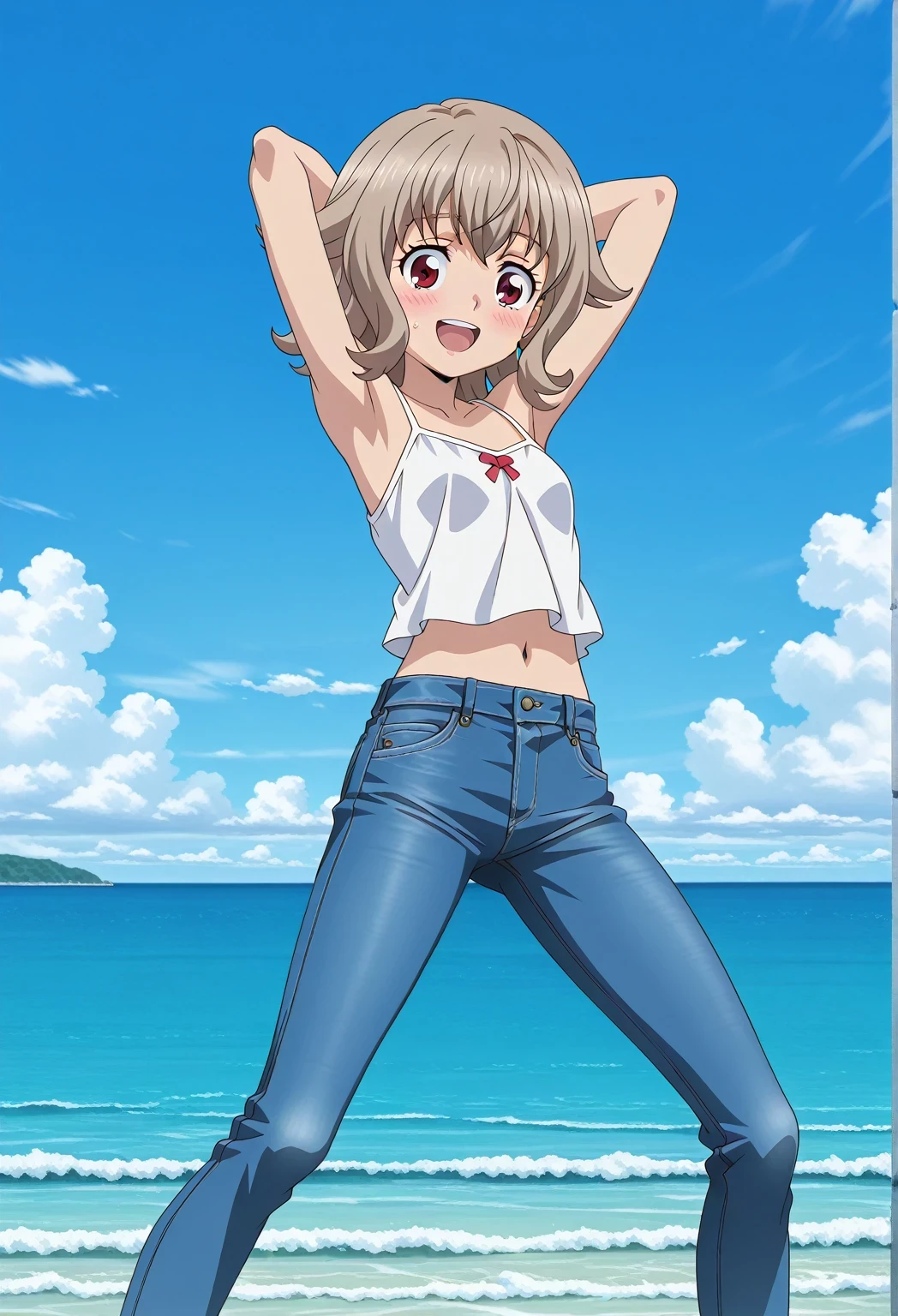 score_9, score_8_up, score_7_up, source_anime, highres, hi res, ((best quality, top quality, perfect quality, Highest Quality, amazing quality)), {{masterpiece}}, {{an extremely delicate and beautiful}}, 2d, intricate details, official style, anime, 8k, anime style, official_anime, official art, digital painting, cell shading, soft shading, high resolution, soothing tones, Subdued Color, Soft cinematic light, adobe lightroom, photolab, HDR, intricately and hyper-detailed, ((high quality animation)), 1 girl, Alone, solo, ((ocean)), tsunami, on the water, day, sunny, outdoors, sky, windy, Atra mixta, Gundam Iron Blooded Orphans, short hair, brown hair, red eyes, anime screencap, small breasts, white camisole top, crop top, white crop top, best quality, hyper-detailed jeans, ((blue jeans:1.9)), (dark blue jeans:0.6), full medium body, medium shot, Open mouth, smiling, happy face, blush, sweat, standing, ((arms behind head:6.0)), ((perfect arm line:2.5)), bowlegged, jumping pose, action, looking at viewer, spread legs, Bend knees slightly, straight-on front view