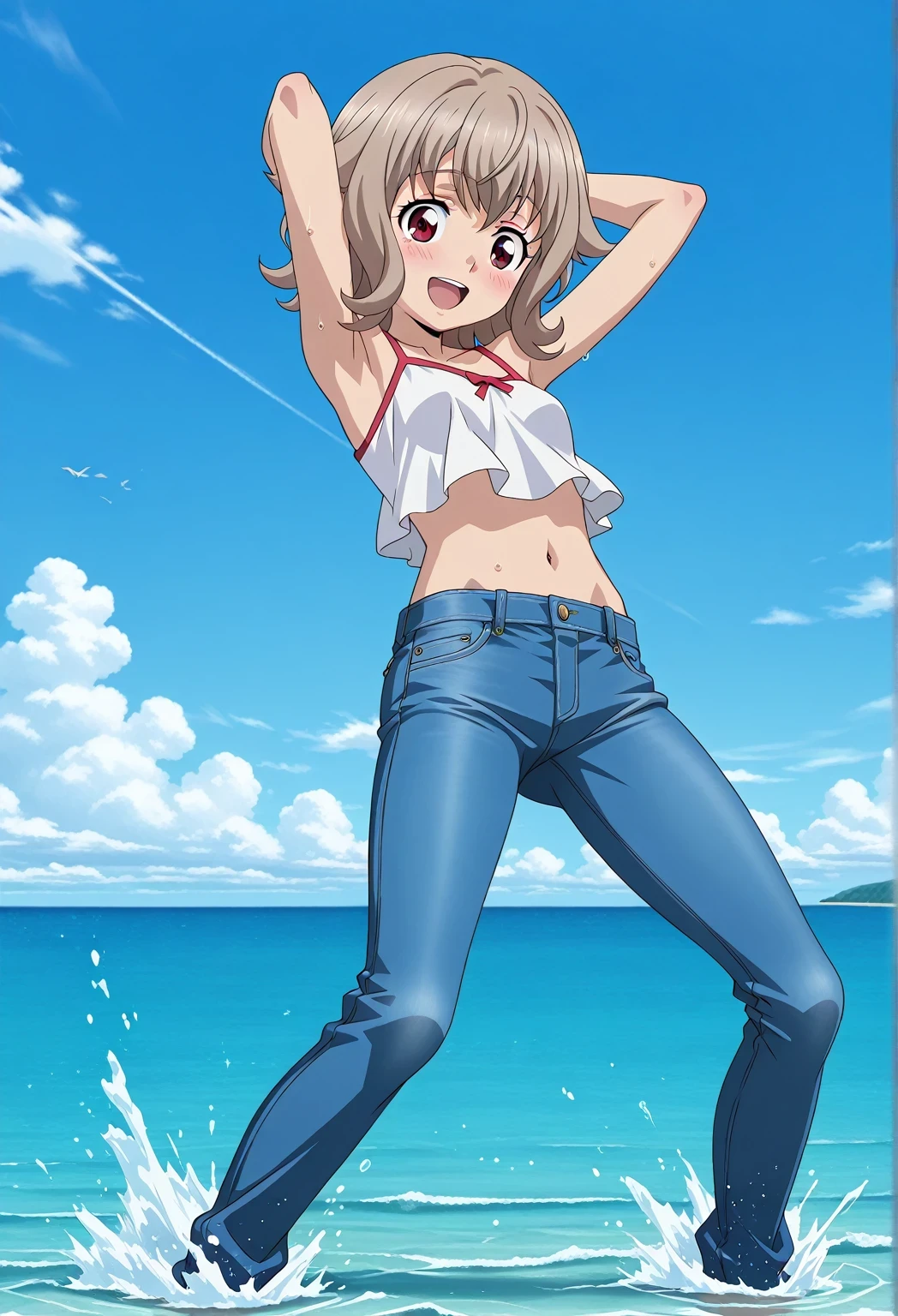 score_9, score_8_up, score_7_up, source_anime, highres, hi res, ((best quality, top quality, perfect quality, Highest Quality, amazing quality)), {{masterpiece}}, {{an extremely delicate and beautiful}}, 2d, intricate details, official style, anime, 8k, anime style, official_anime, official art, digital painting, cell shading, soft shading, high resolution, soothing tones, Subdued Color, Soft cinematic light, adobe lightroom, photolab, HDR, intricately and hyper-detailed, ((high quality animation)), 1 girl, Alone, solo, ((ocean)), tsunami, on the water, day, sunny, outdoors, sky, windy, Atra mixta, Gundam Iron Blooded Orphans, short hair, brown hair, red eyes, anime screencap, small breasts, white camisole top, crop top, white crop top, best quality, hyper-detailed jeans, ((blue jeans:1.9)), (dark blue jeans:0.6), full medium body, medium shot, Open mouth, smiling, happy face, blush, sweat, standing, ((arms behind head:6.0)), ((perfect arm line:2.5)), bowlegged, jumping pose, action, looking at viewer, spread legs, Bend knees slightly, straight-on front view