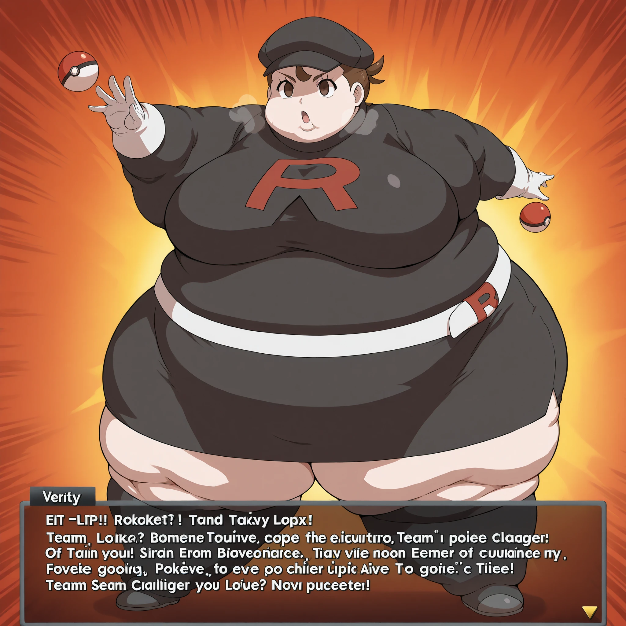 1girl, verity, very short hair, top knot, brown eyes, <lora:team-rocket-uniform-ponyxl-lora-nochekaiser:1>, team rocket uniform, black hat, black shirt, black skirt, white belt, white gloves, single letter,, fat, chubby, obese, fat neck, multiple chins, big breasts open mouth, out of breath, Larger female, full body shot, throwing a poke ball, pokemon battle,  pokemon challenger screen, text, challenge by team rocket grunt verity, ((empty_eyes)),