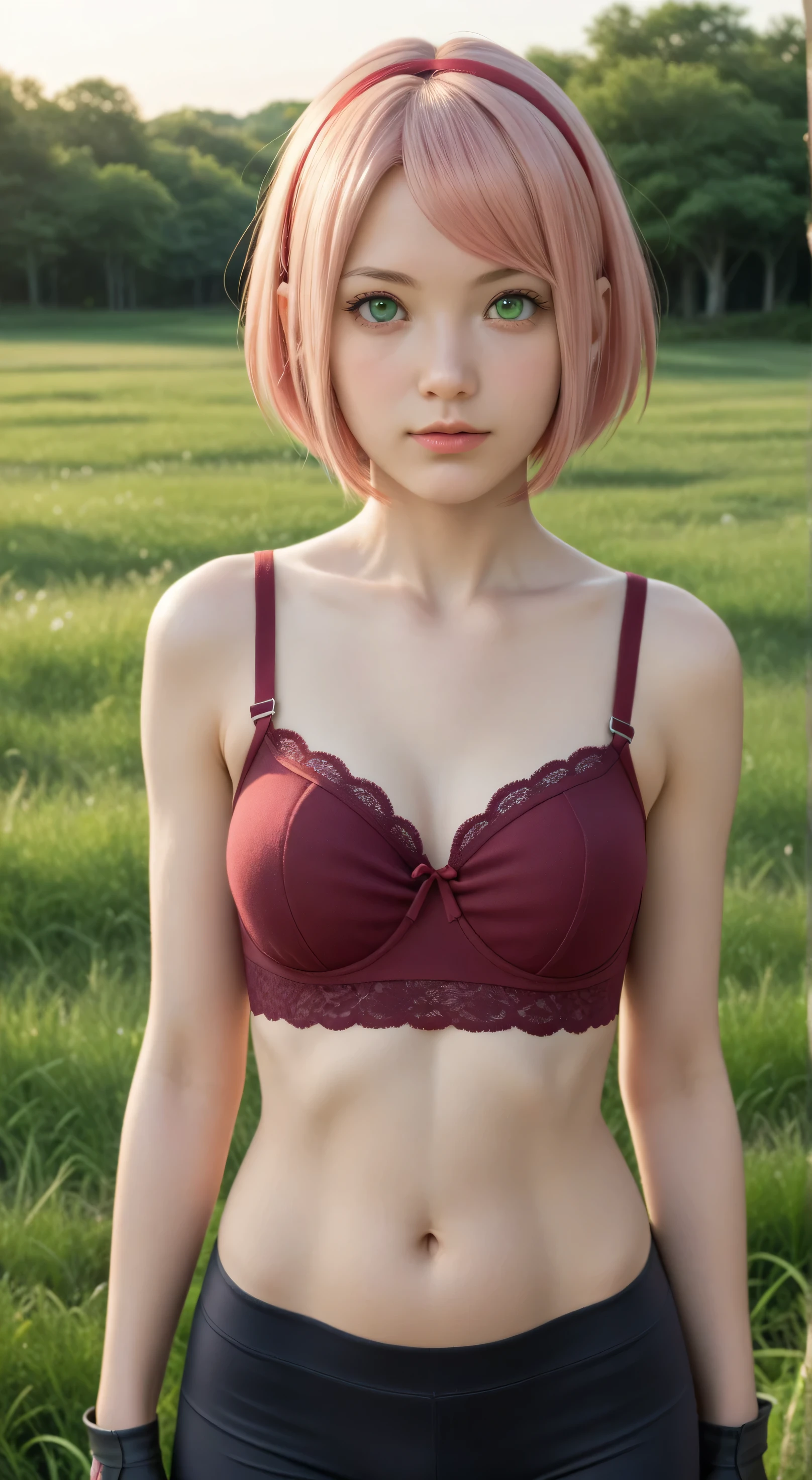 1girl, solo,haruno sakura,emerald eyes,pink hair,(short hair:1.5),outdoors,potrait,small breast,nature, standing still,sidelocks,red sunset,looking at viewer, front view,close up,black glove,(wild grass background:1.5),(wear bra:1.5),bike shorts,navel