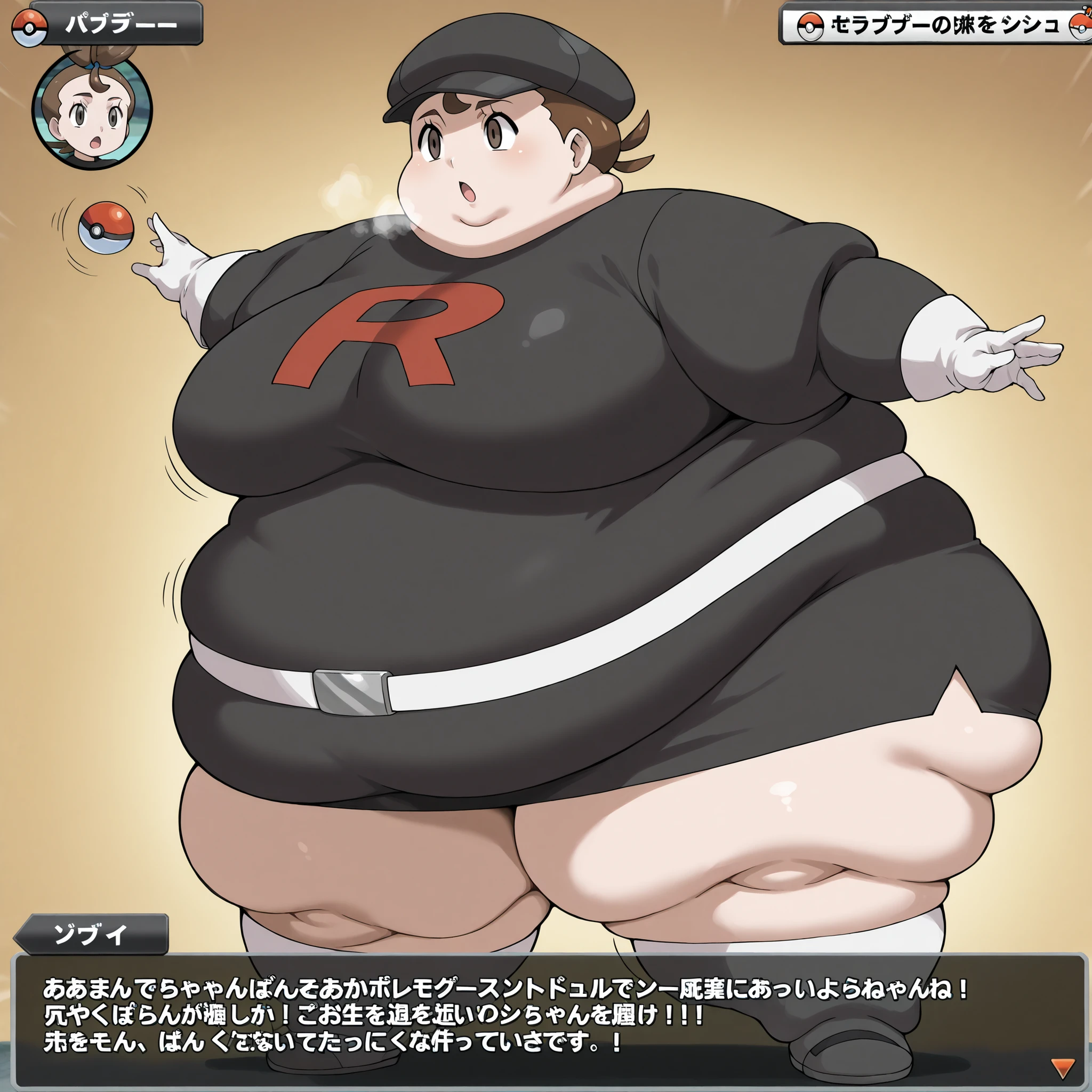 1girl, verity, very short hair, top knot, brown eyes,  team rocket uniform, black hat, black shirt, black skirt, white belt, white gloves, single letter,, fat, chubby, obese, fat neck, multiple chins, big breasts open mouth, out of breath, Larger female, full body shot, throwing a poke ball, pokemon battle,  pokemon challenger screen, text, challenge by team rocket grunt verity, ((empty_eyes)),