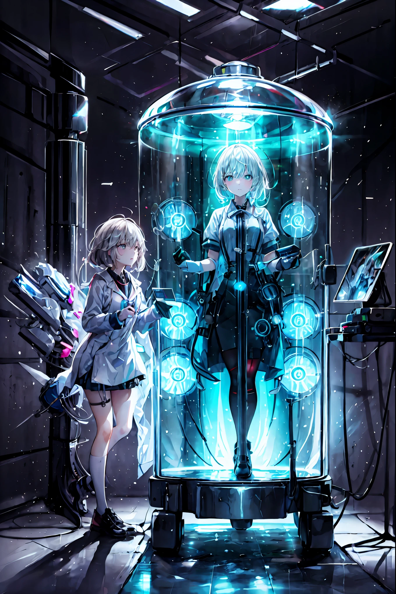 Forbidden Laboratory, Suspicious life forms inside flasks, Girl Observing ，It was a school lesson，countless devices with countless cables and wires intertwined, Countless Monitors Light Up, Scientific Reason and Uncontrollable Desire, realistic, High Precision, VERY DETAILED DESCRIPTION, Photographic realism, 4K, HDR, professional, Bokeh, Creepy Atmosphere，, Dark Laboratory Equipment,are nervous,Metallic Texture,Delicate Description，Clean Laboratory Interior,scientist's experimental scene,Test tube,medicine,Gas Release Device,Spectrophotometer,optical detector,computer terminal,complex chemical formula,Laboratory Desk and Chair,Hard Glass Dome,Background,