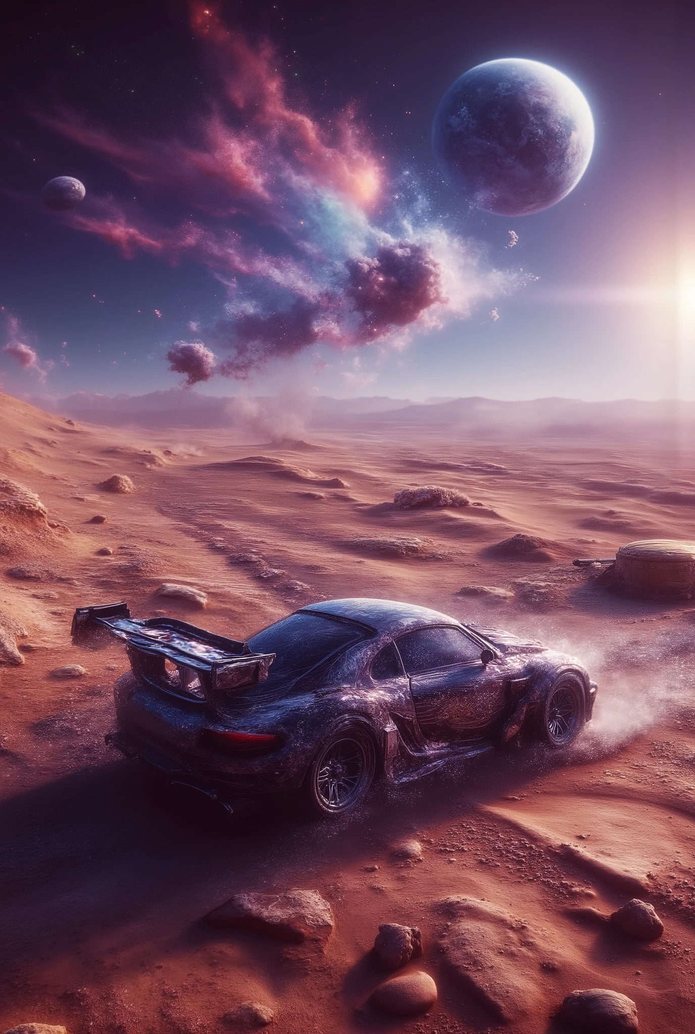 “A light speed time travel vehicle parked in the surface of ‘Mars’ , ultra realistic surface and atmosphere of Mars with dramatic shadows creating photorealistic perception, sky is extremely vibrant early morning with purple, red, blue, yellow mixes. Earth visible as rising in the mar’s day.”