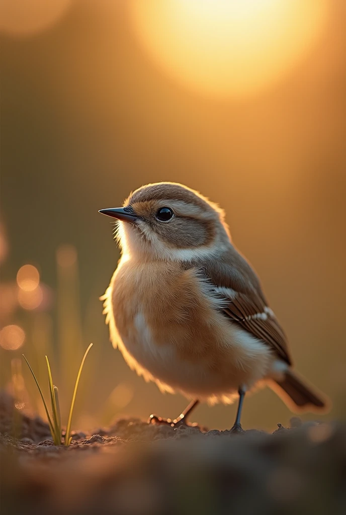 A charming close-up photo，shows a beautiful bird，illuminated by soft golden light on a quiet morning，with a bokeh ball gently framing its petite body