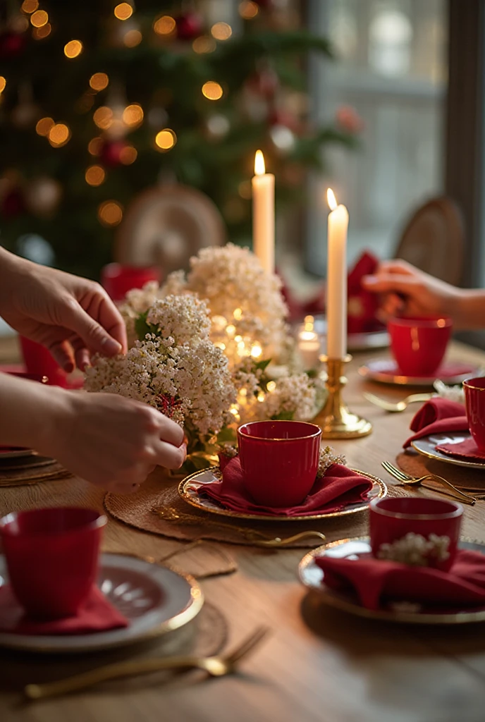 Realistic close-up photo of female hands setting up elegant dining table, placing red cups and napkins, burning candles and white flowers in the center, porcelain plates and golden cutlery, environment illuminated by natural light,  Light wooden table , blurred background with Christmas tree, realistic photographic style, cozy and sophisticated vibe