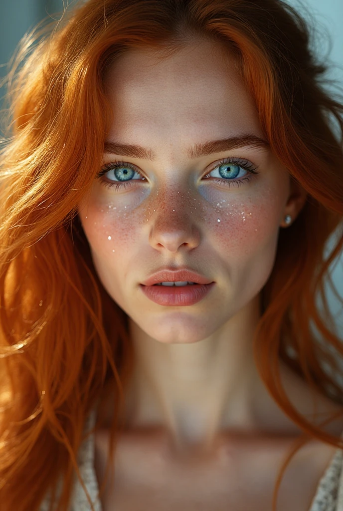 A thin white girl with blue eyes, a refined face, red hair, and very large breasts with freckles, with her mouth in a 